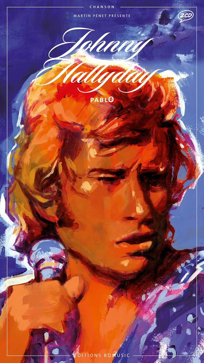Pochette d'album : Johnny Hallyday. Portrait d'un homme aux cheveux orange avec un microphone.
