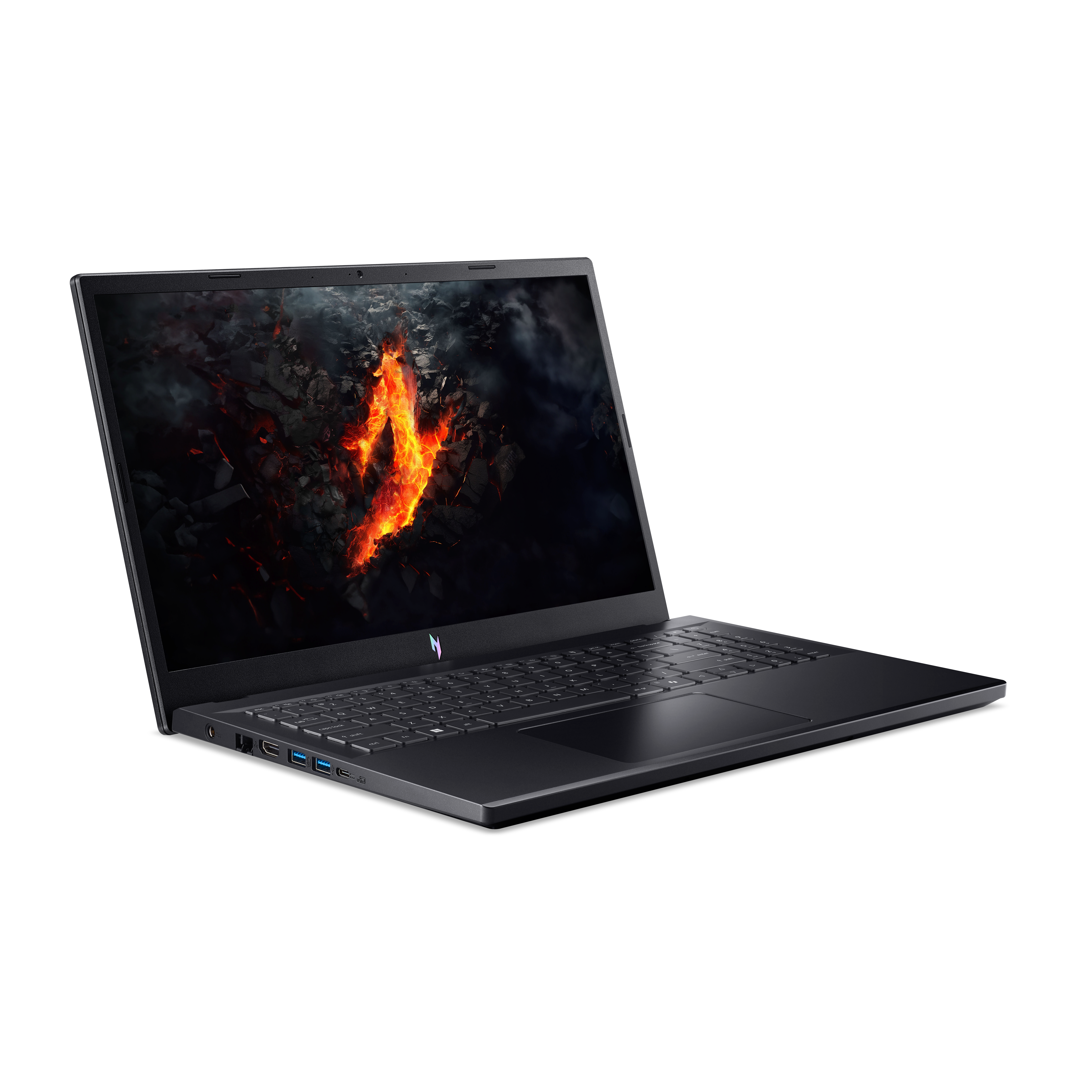 Schwarzer Laptop auf schwarzem Hintergrund. Der Bildschirm zeigt ein orangefarbenes feuerartiges Design.