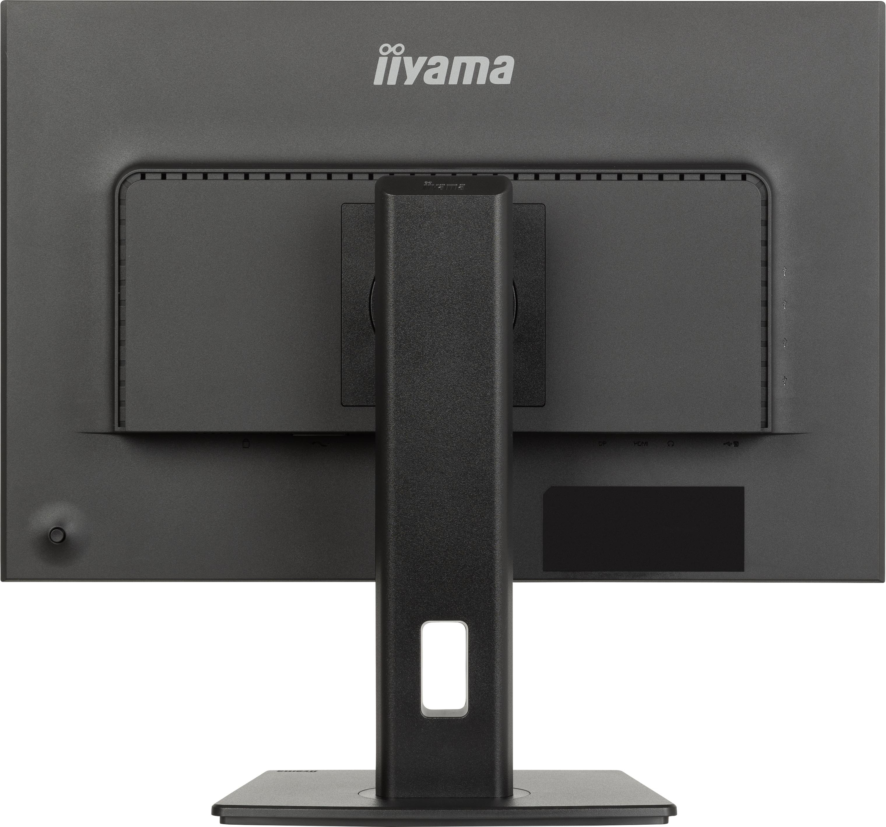 Rückseite eines schwarzen Monitors mit Ständer. iiYama-Logo und Anschlüsse sichtbar.