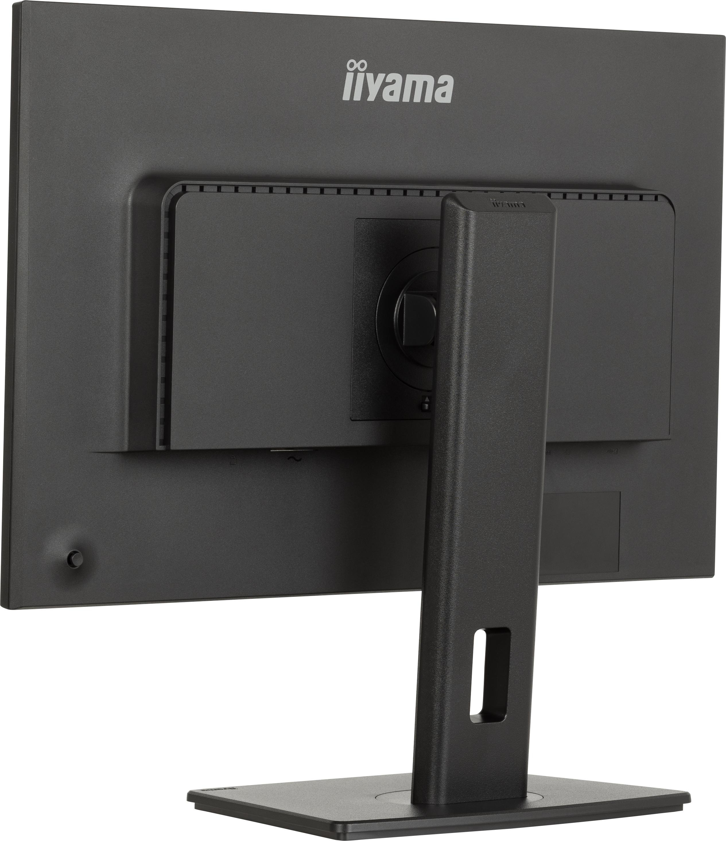 Rückansicht eines schwarzen Computermonitors mit Ständer und iiyama-Logo.