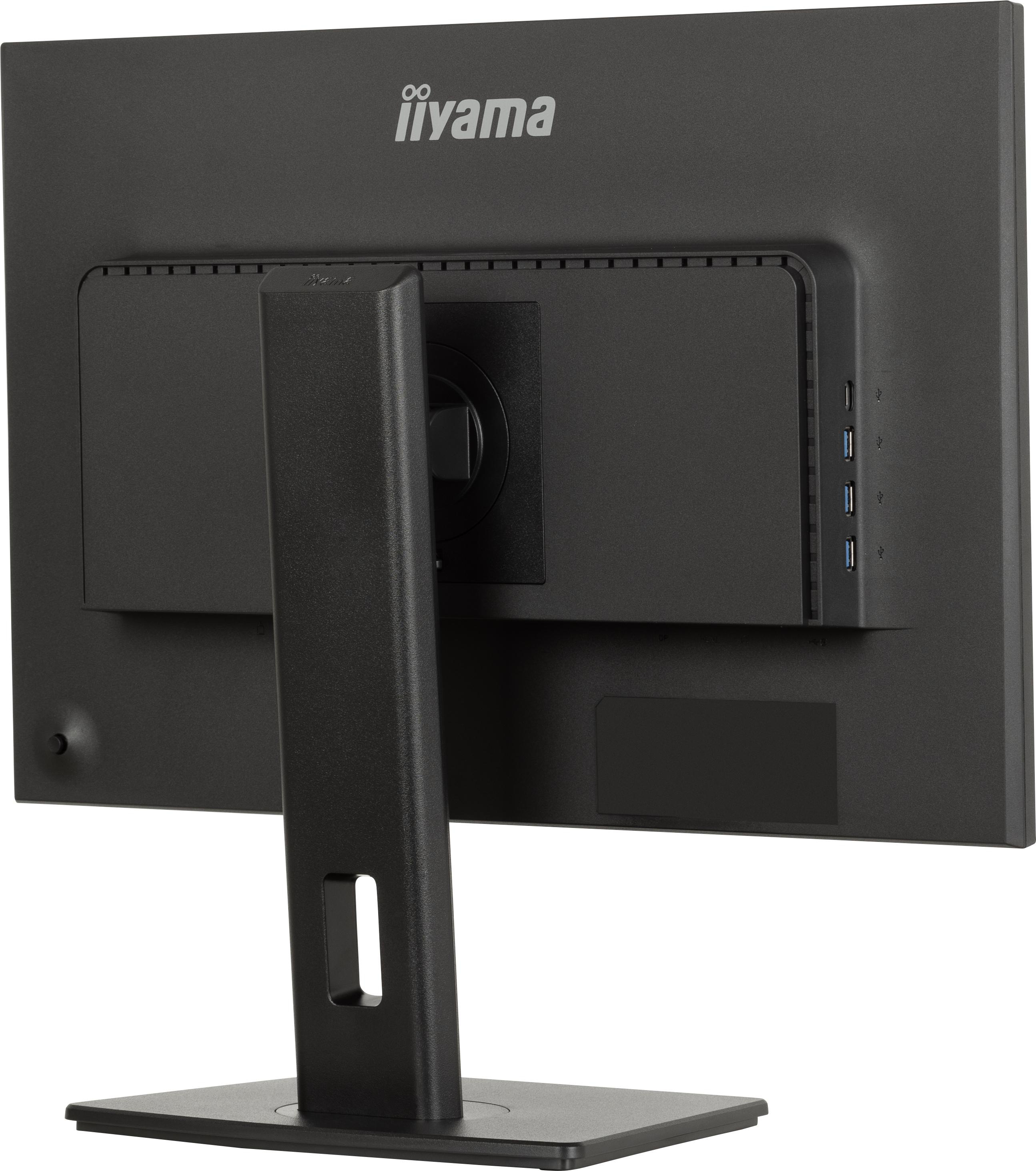 Rückseite eines schwarzen Computermonitors. Zeigt Anschlüsse, einen Ständer und das iiyama-Logo.