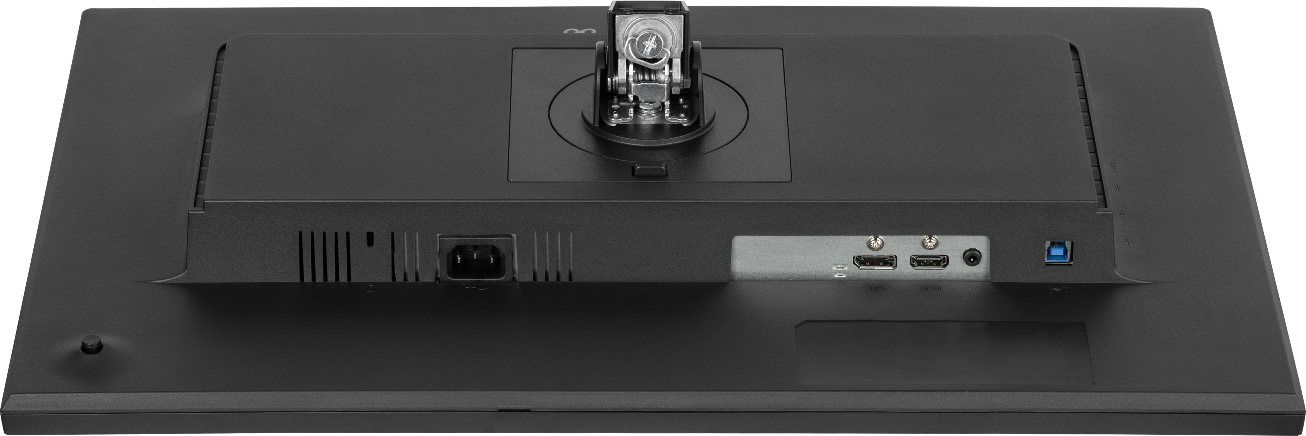 Rückansicht eines Computermonitors mit Anschlüssen für Strom, HDMI und USB.
