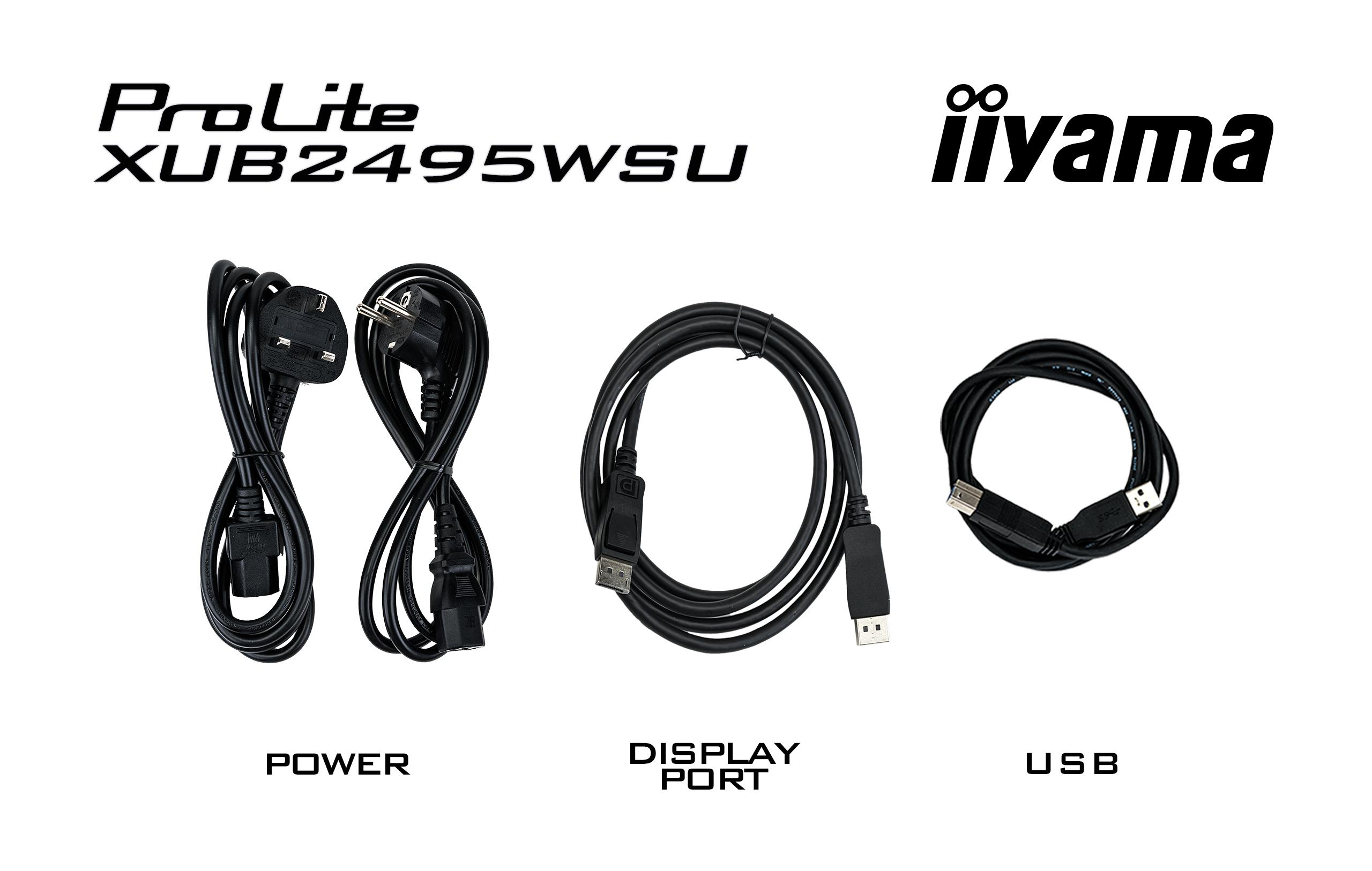 Zubehör für einen ProLite XUB2495WSU Monitor, einschließlich Netzkabel, DisplayPort-Kabel und USB-Kabel.