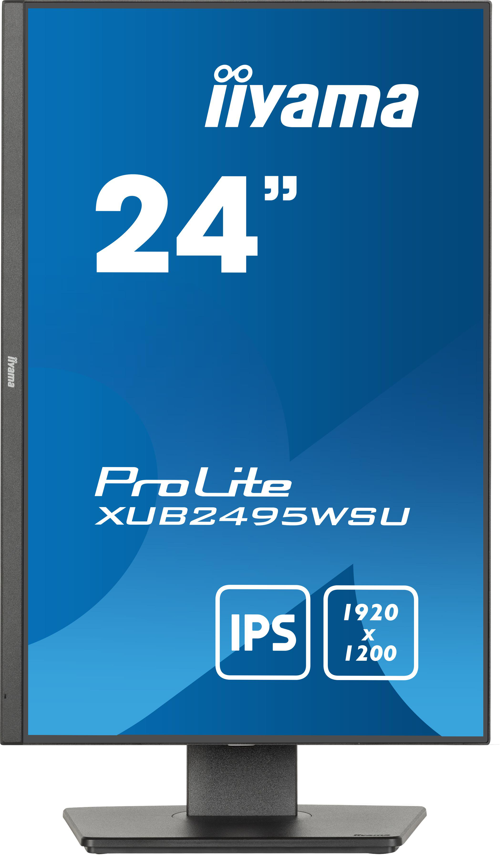Ein 24-Zoll-Monitor mit der Marke Iiyama und dem Modell ProLite XUB2495WSU. IPS und Auflösungsdetails.