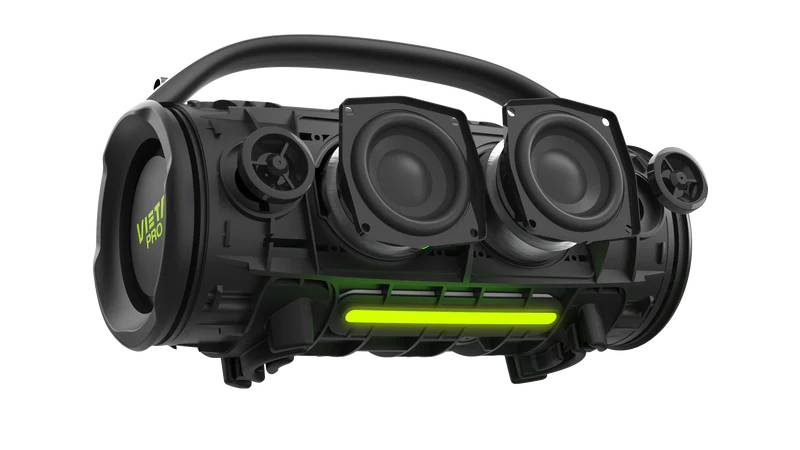 Corte transversal de altavoz negro, que muestra componentes internos, con una luz verde neón en la parte inferior.