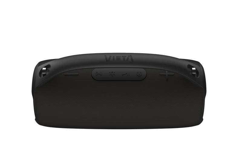 Altavoz Vienta negro con botones en la parte superior. Fondo blanco.