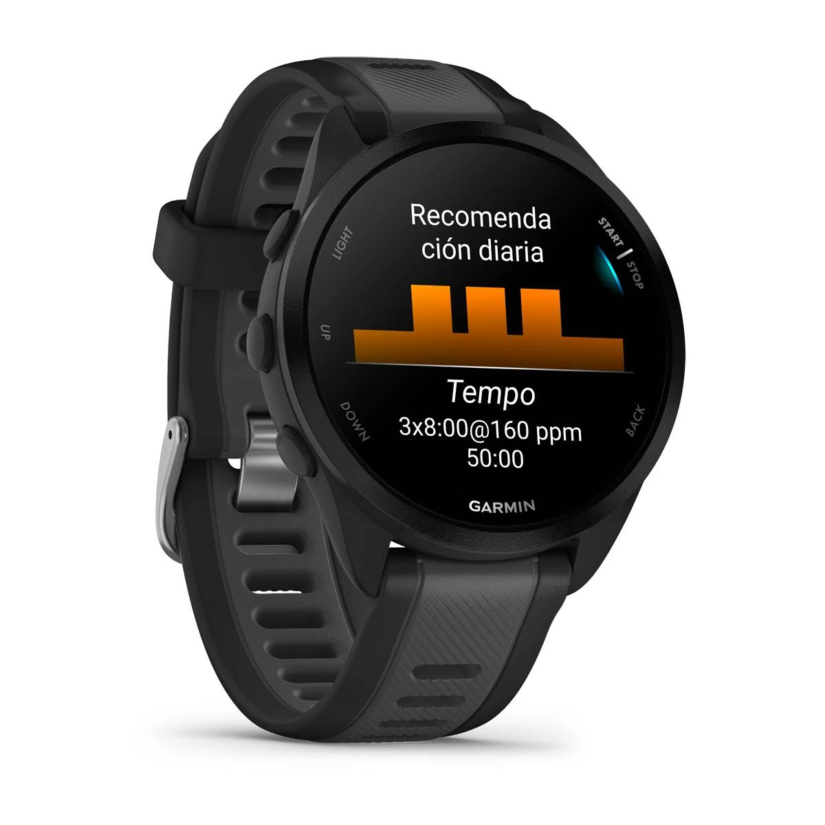Reloj inteligente Garmin negro. Pantalla muestra ejercicio diario. Correa negra y gris.