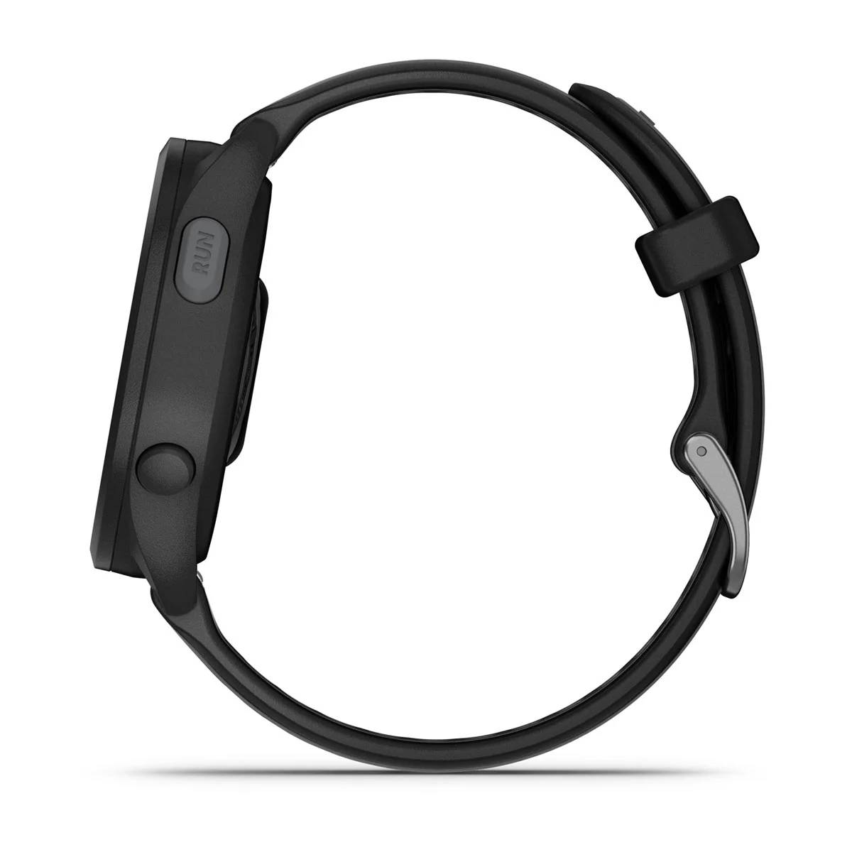Vista lateral de un reloj inteligente Garmin negro. Muestra botones y correa negra.