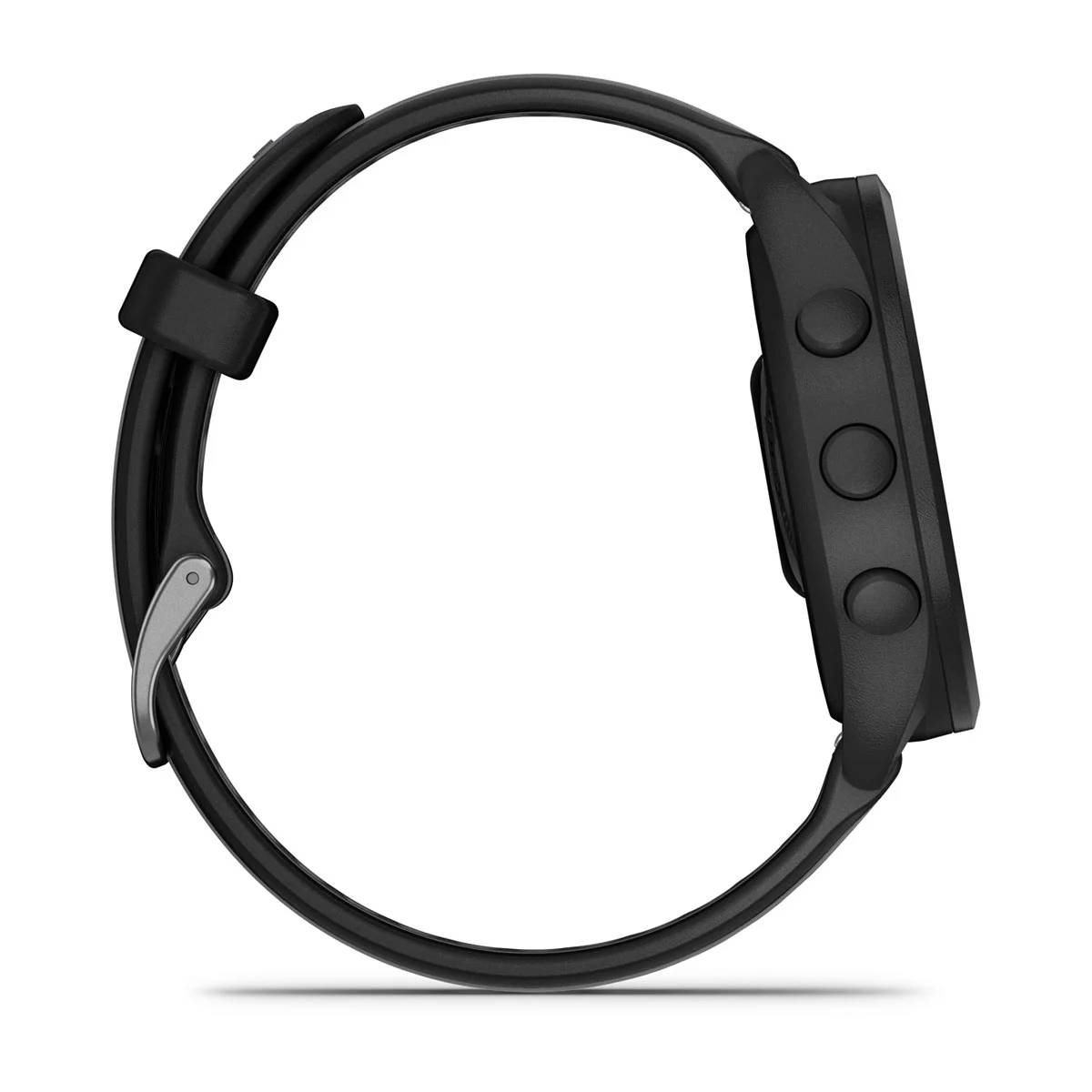 Reloj inteligente Garmin negro con correa negra. Tiene tres botones laterales.