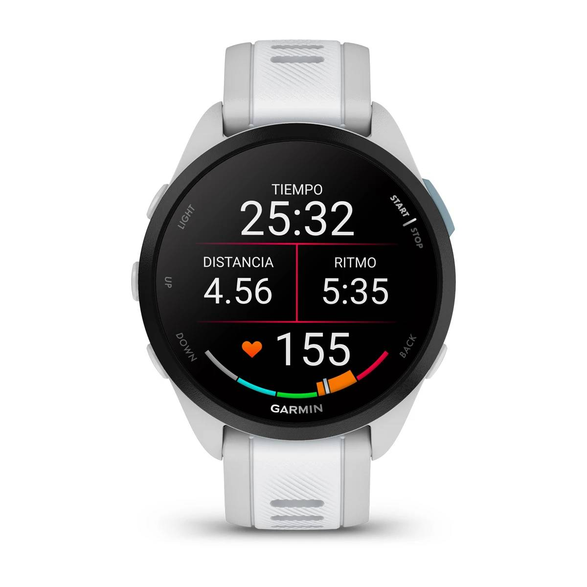 Reloj inteligente con métricas de tiempo, distancia, frecuencia cardíaca y ritmo.