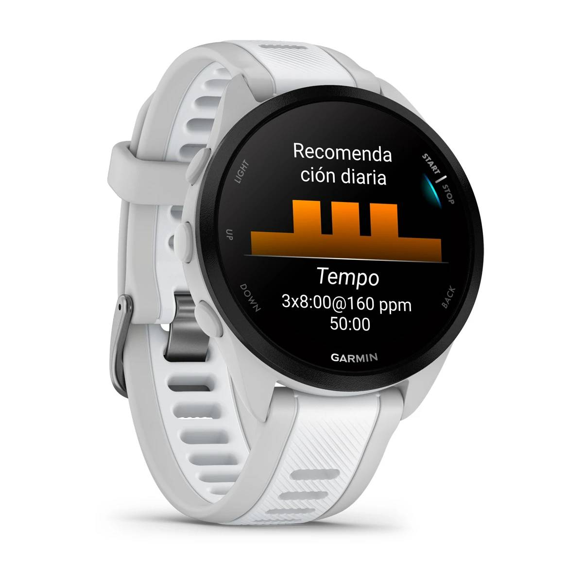 Reloj Garmin blanco mostrando información de entrenamiento. Pantalla muestra 'Tempo'.