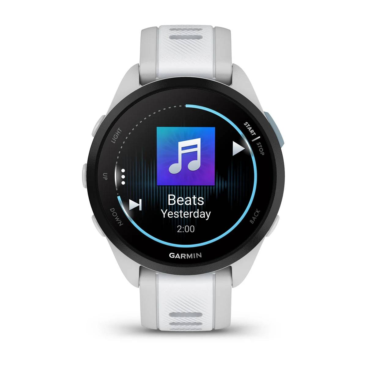 Un reloj inteligente con interfaz de música en la pantalla.