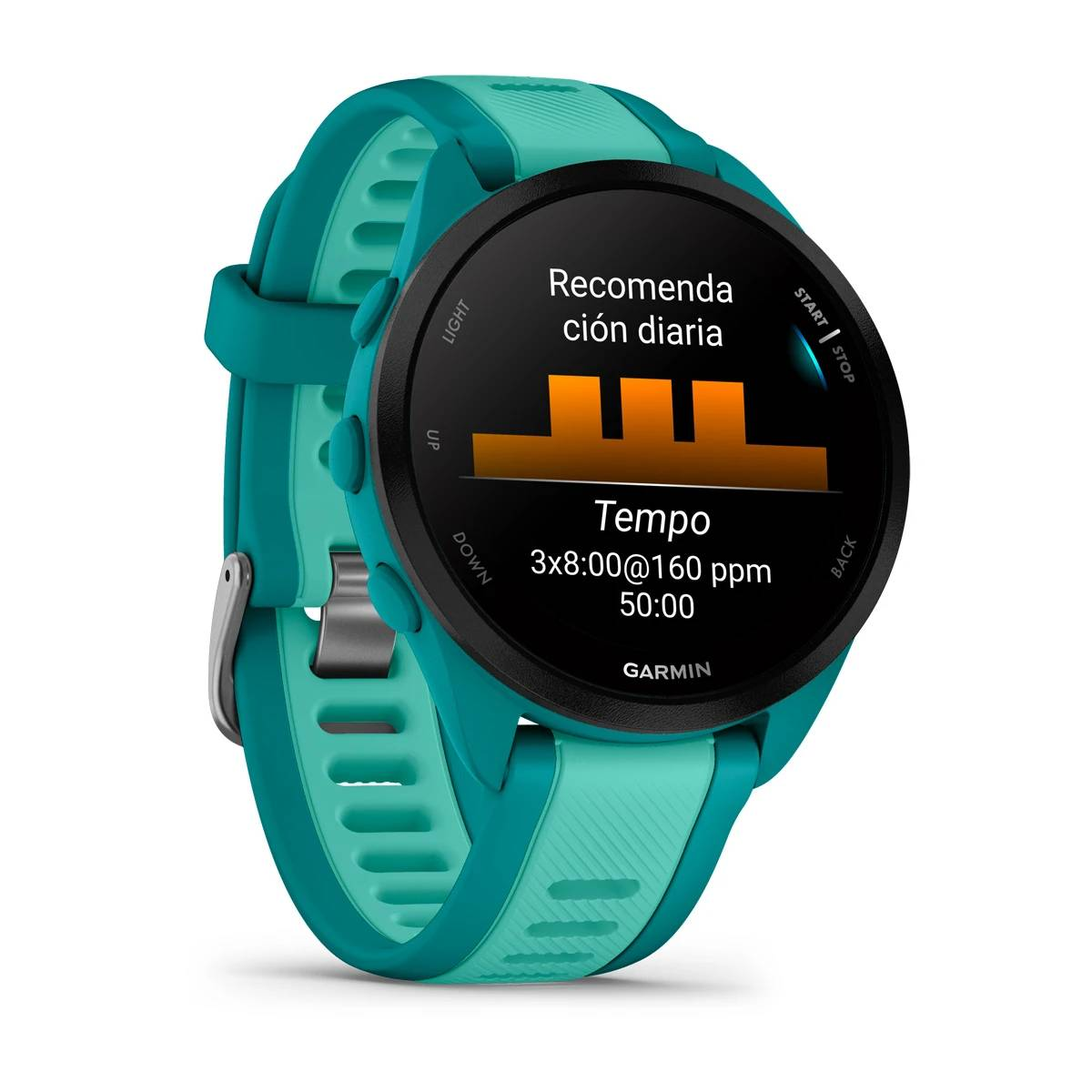 Reloj inteligente Garmin turquesa y negro. Pantalla muestra métricas de ejercicio. Correa turquesa.
