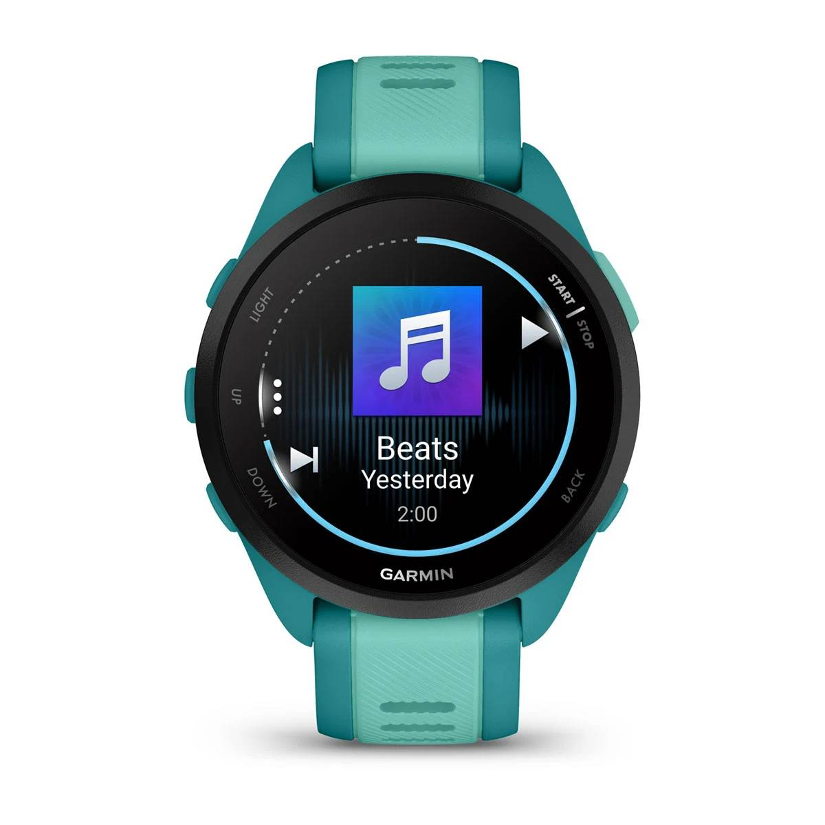 Reloj inteligente Garmin con correa verde azulado. Pantalla muestra icono musical y 'Beats Yesterday'.