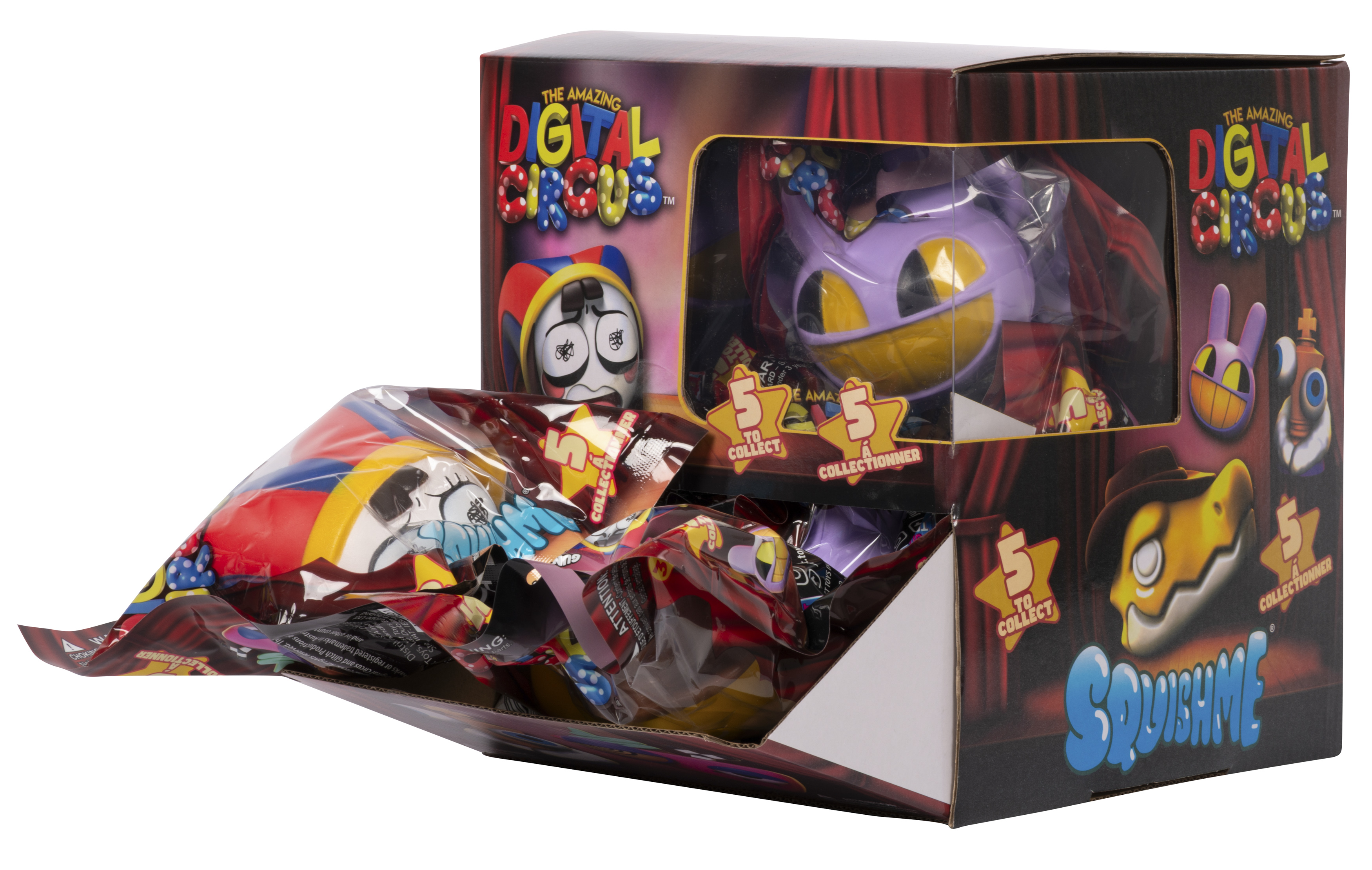 Geöffnete Box mit 'The Amazing Digital Circus' Spielzeug. Verschiedene bunte Spielfiguren sind sichtbar.