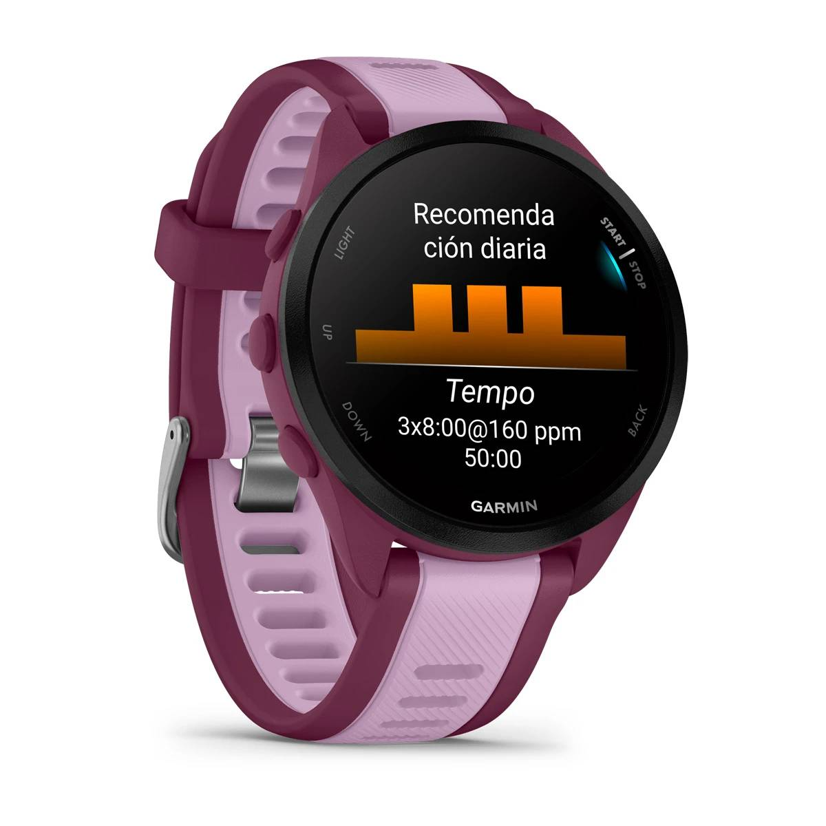 Un smartwatch Garmin en burdeos y rosa claro. La pantalla muestra datos de entrenamiento.