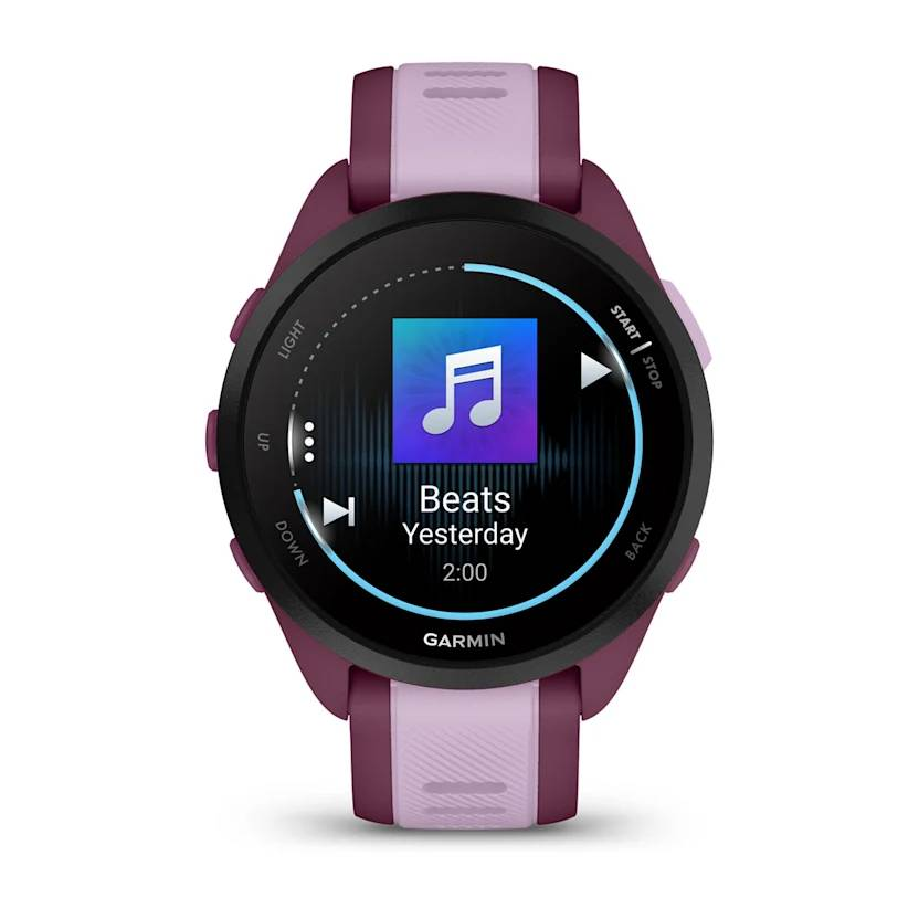 Un reloj inteligente Garmin morado y rosa con una pantalla de aplicación de música.