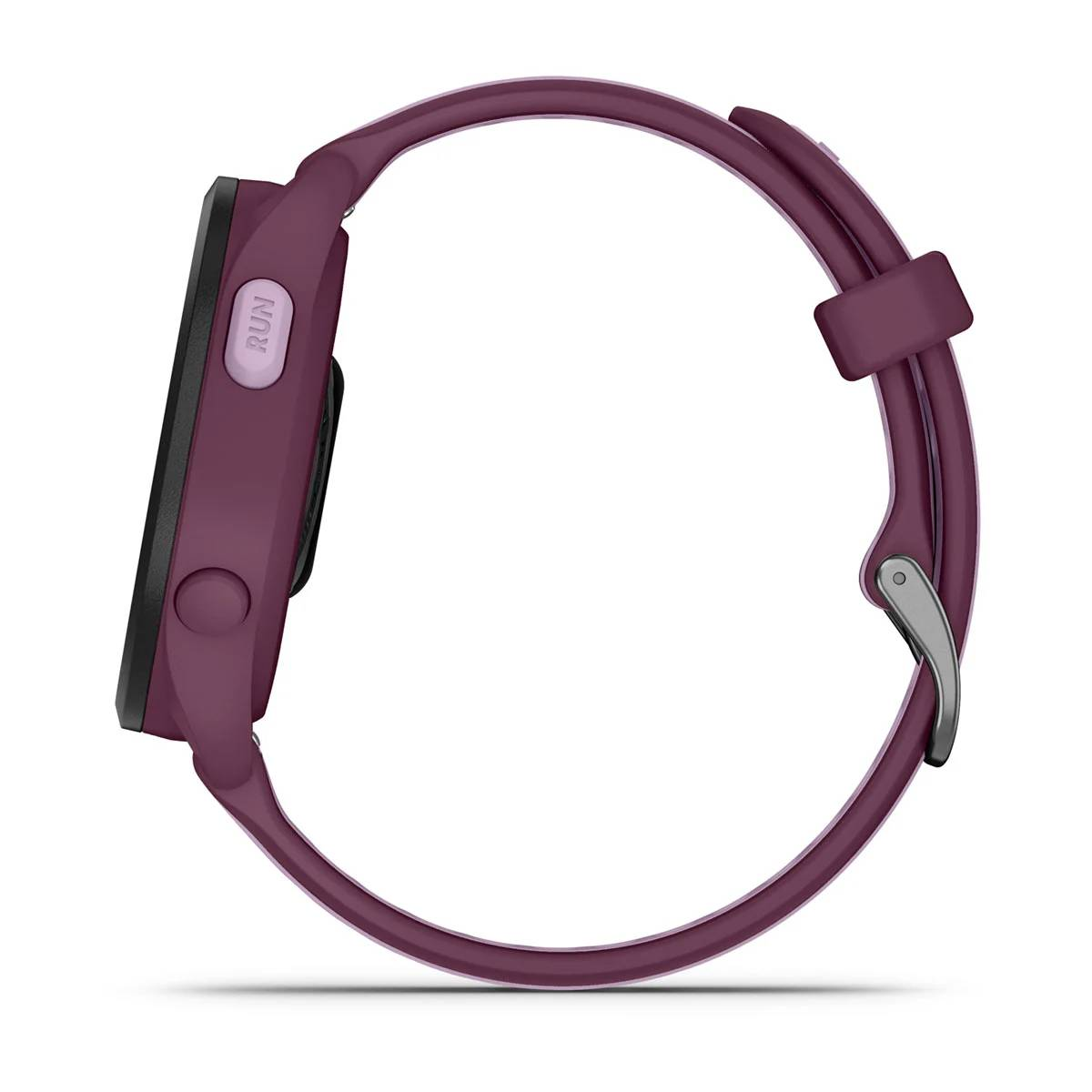 Smartwatch morado, vista lateral, botón de correr visible.