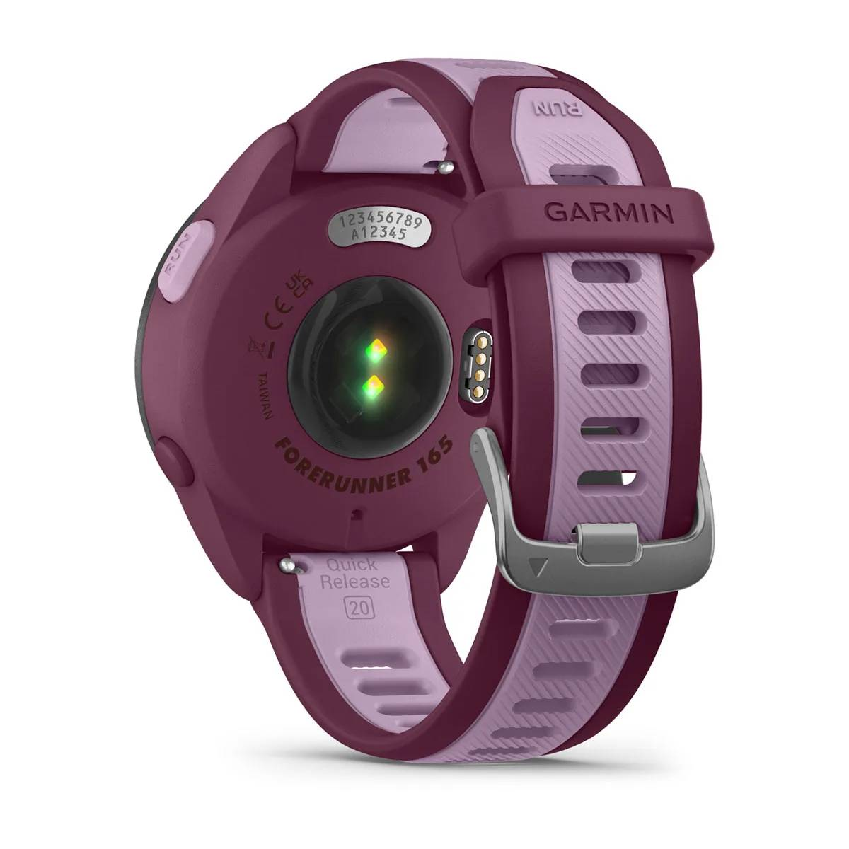 Primer plano de un reloj Garmin Forerunner 165 granate y lila.