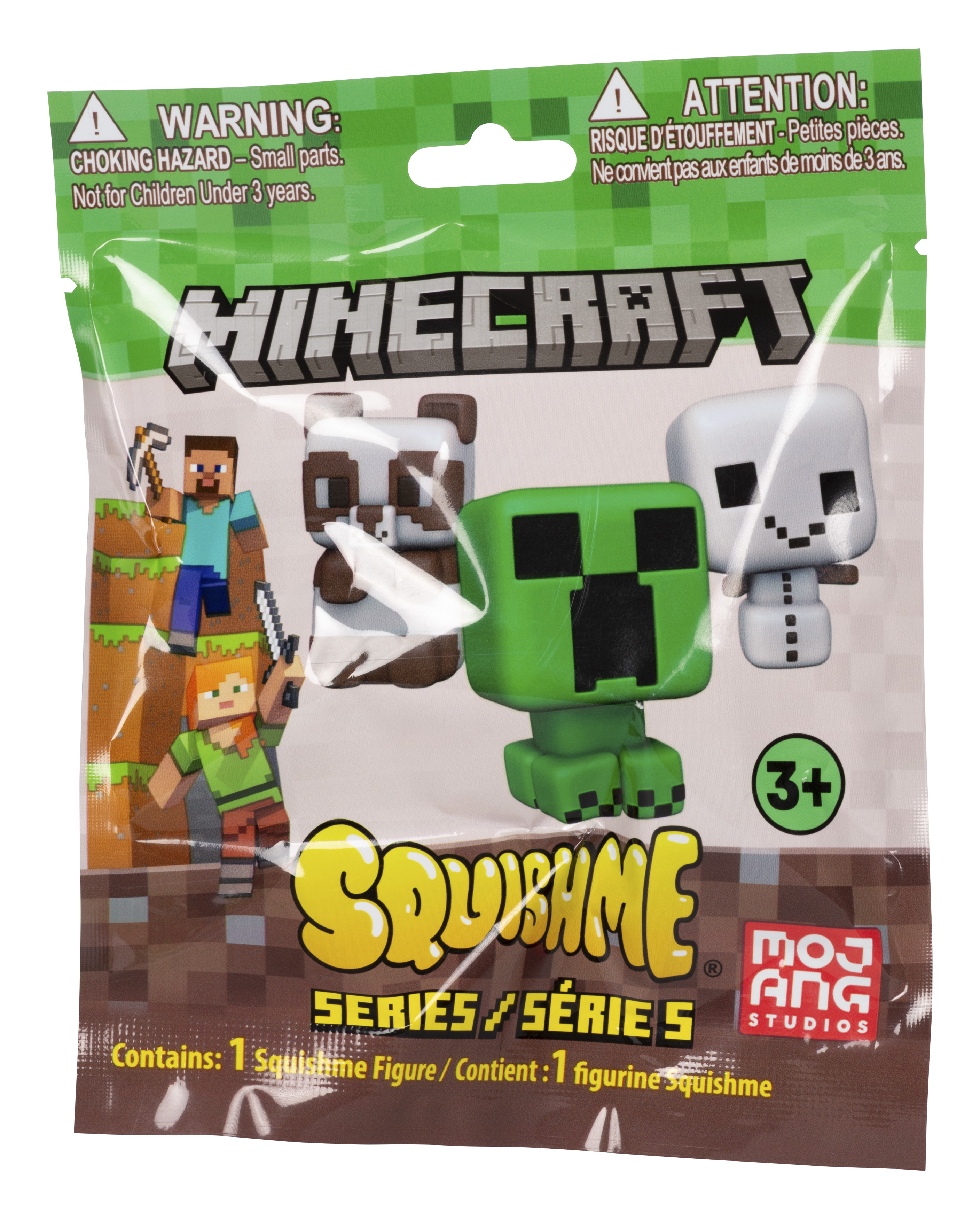Minecraft-Spielzeugverpackung. Charaktere sind Steve, Creeper und andere.
