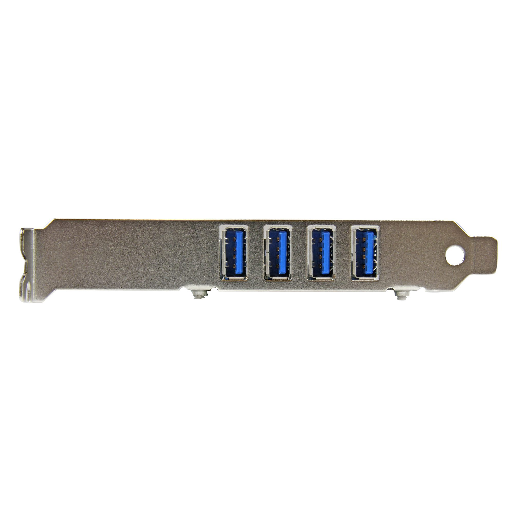 Ezüst USB 3.0 bővítőkártya, négy kék USB porttal, fém konzollal és fehér háttérrel.