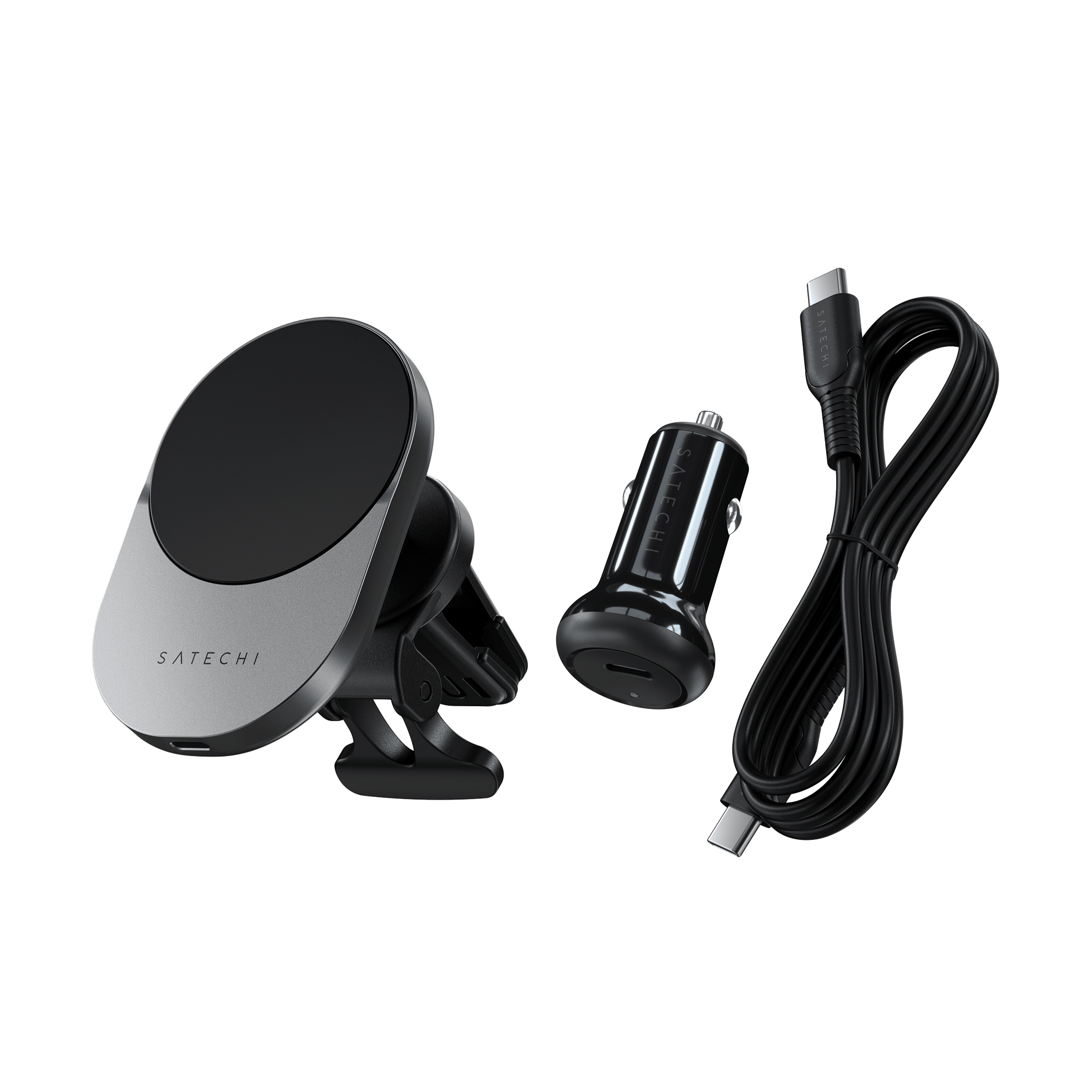 Auto Zubehör: Telefonhalterung, Ladegerät und USB-C-Kabel.
