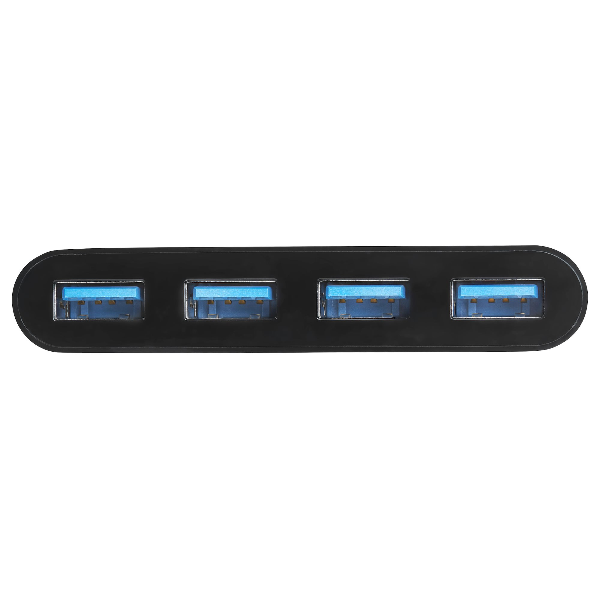 Fekete USB hub, négy kék USB porttal.