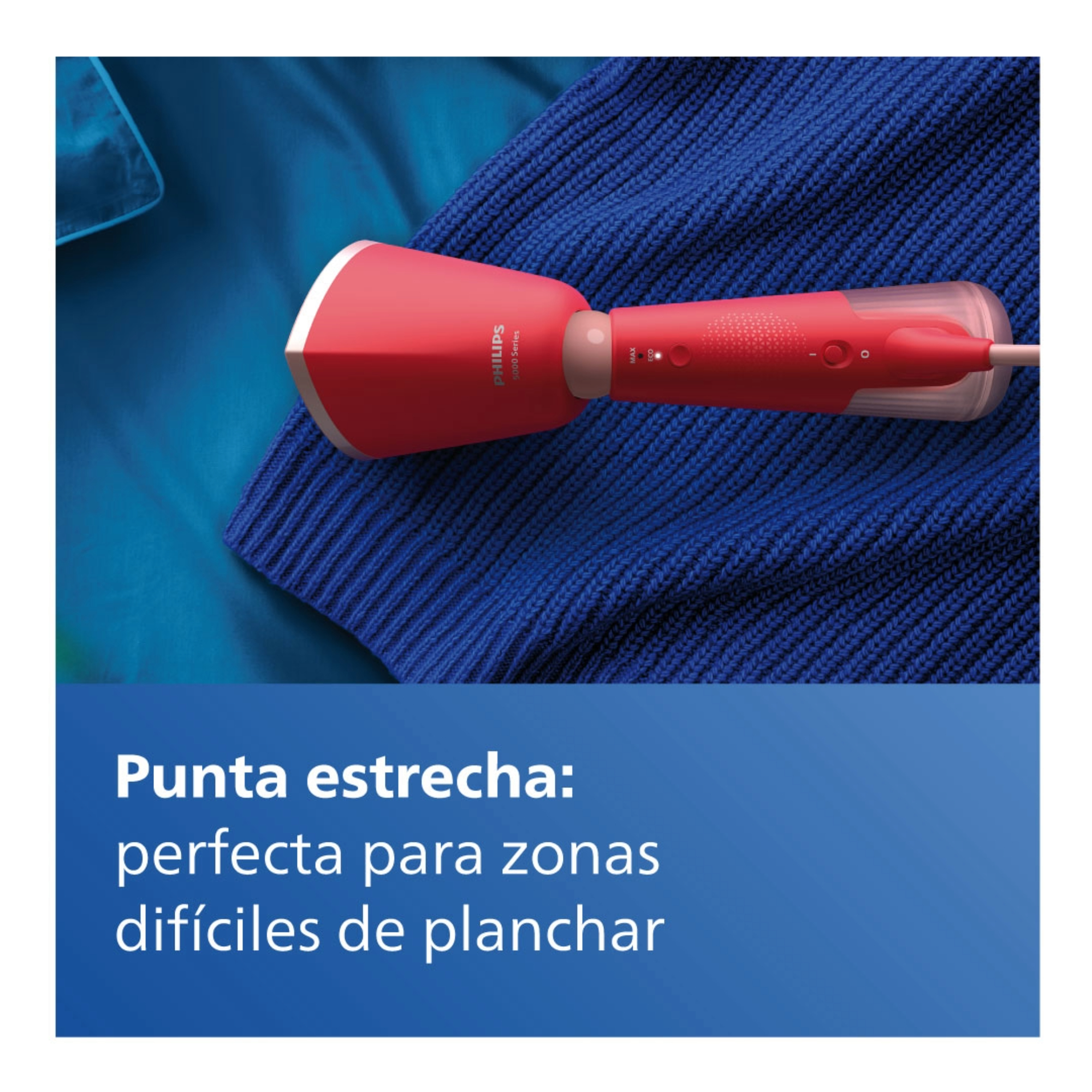 Plancha de ropa roja y blanca sobre camisa azul. Texto: perfecta para zonas difíciles de planchar.