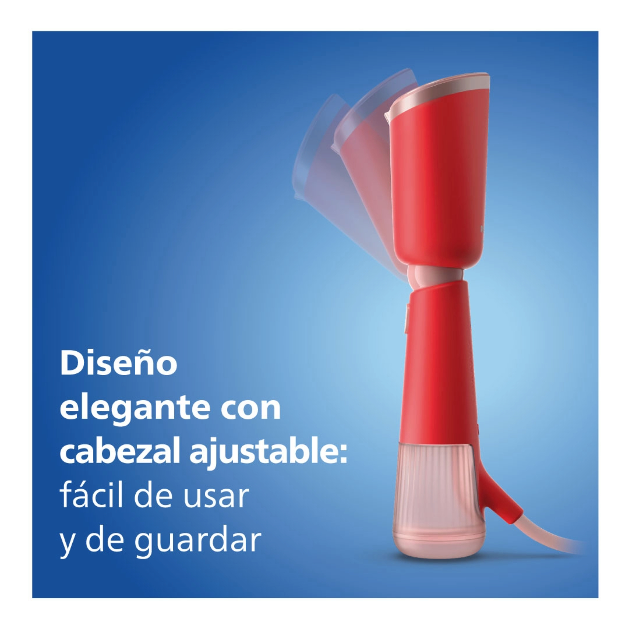 Plancha de vapor roja y blanca con cabezal ajustable, con texto en español.