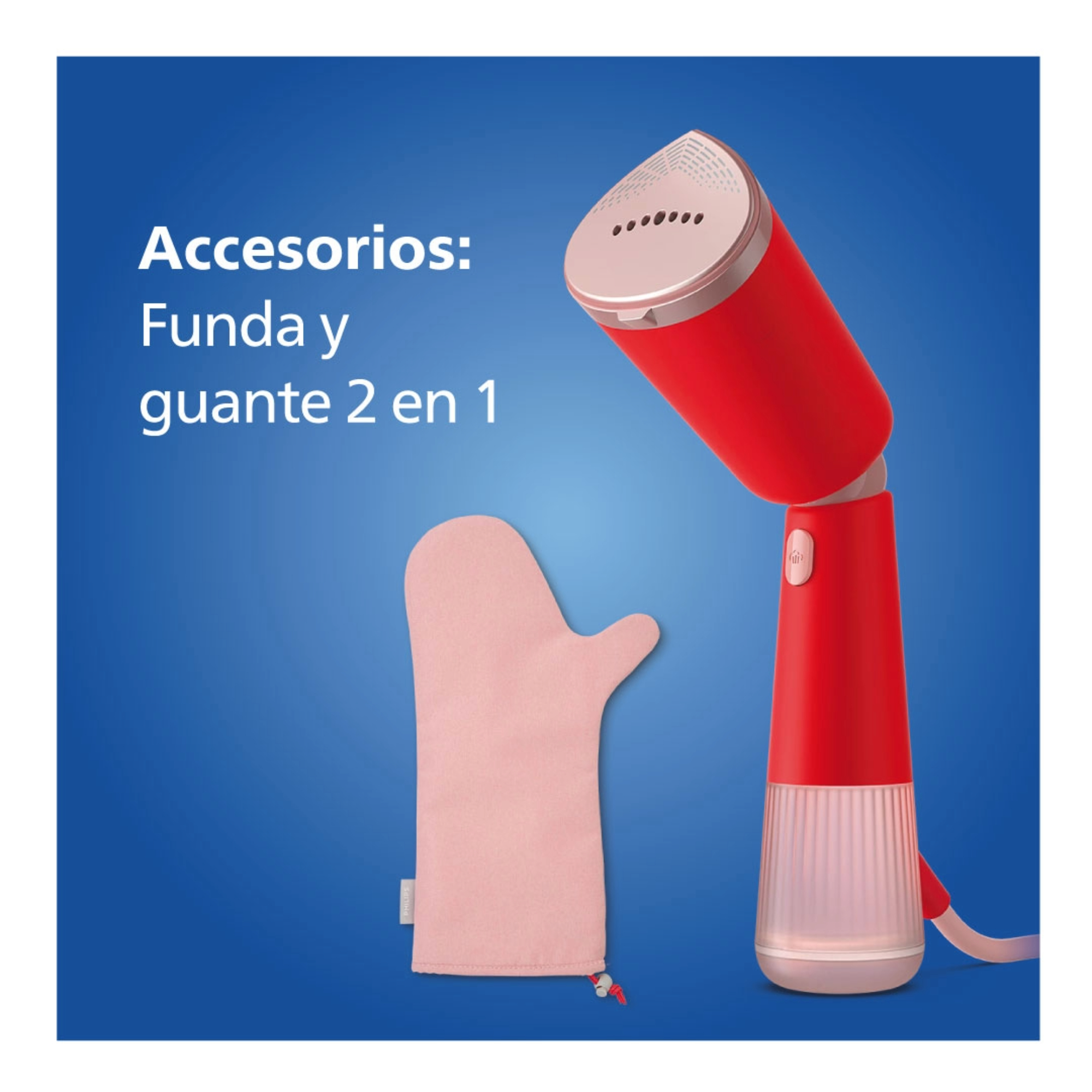 Un vaporizador de ropa rojo y blanco y un guante rosa sobre un fondo azul.