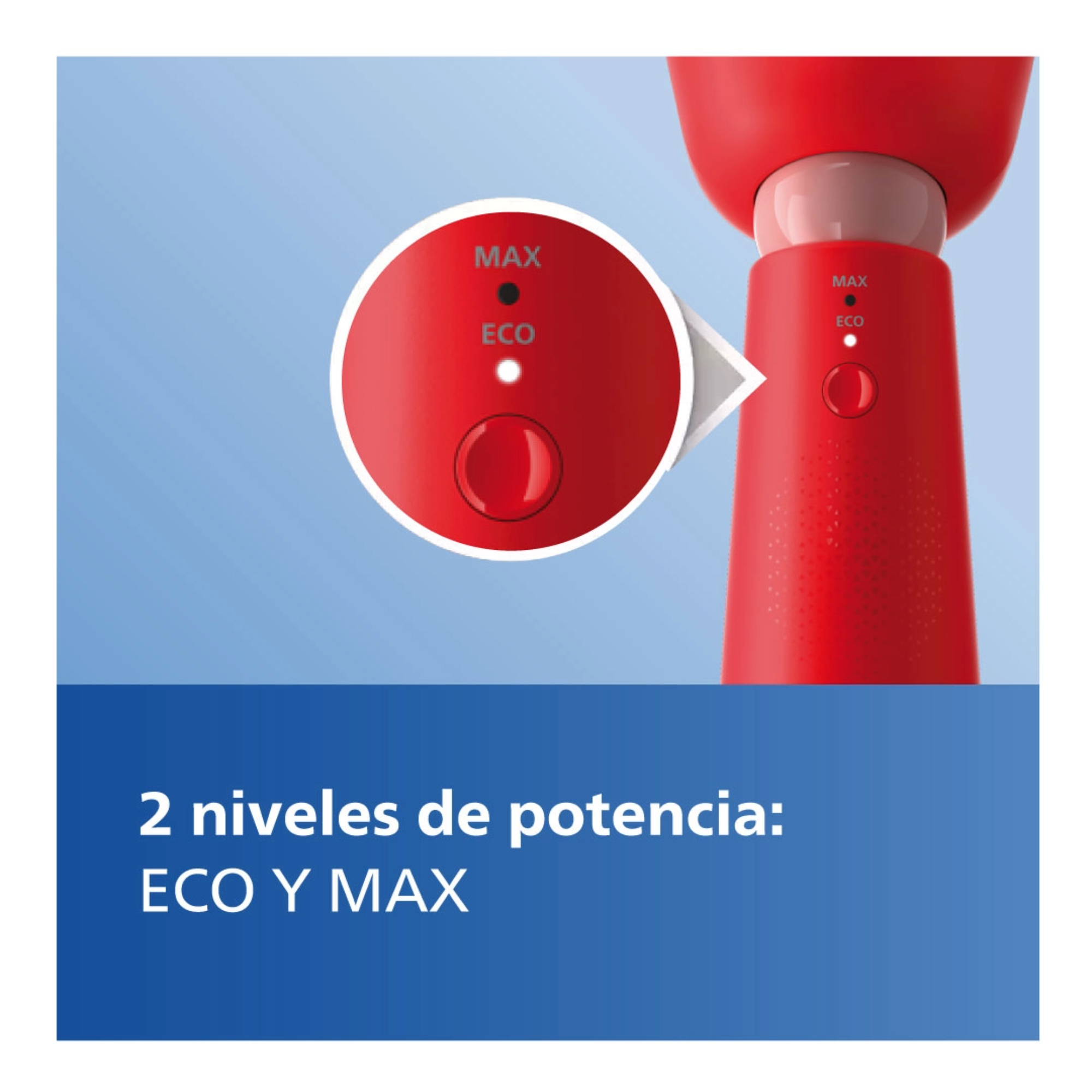 Primer plano de un cepillo de dientes eléctrico rojo con ajustes de potencia; Eco y Max.