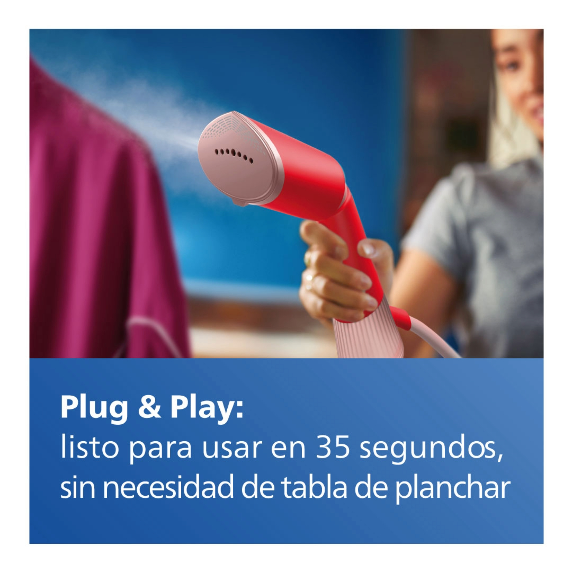 Una persona usando un vaporizador de ropa rojo y blanco. El texto indica que está listo en 35 segundos.