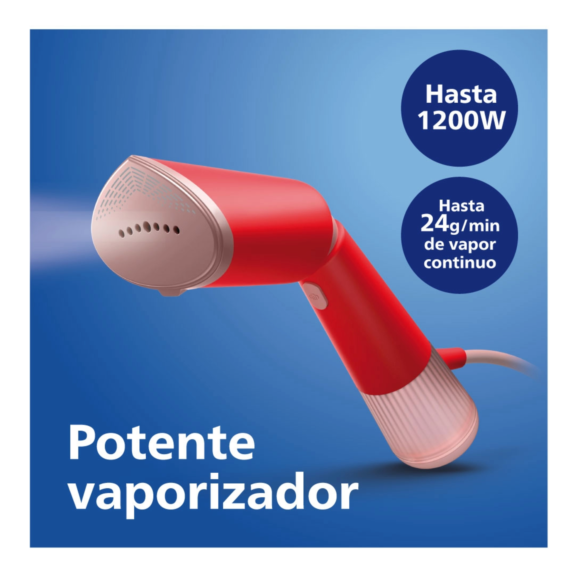 Vaporizador Philips rojo y blanco con texto 'Potente vaporizador' e infografías en azul.