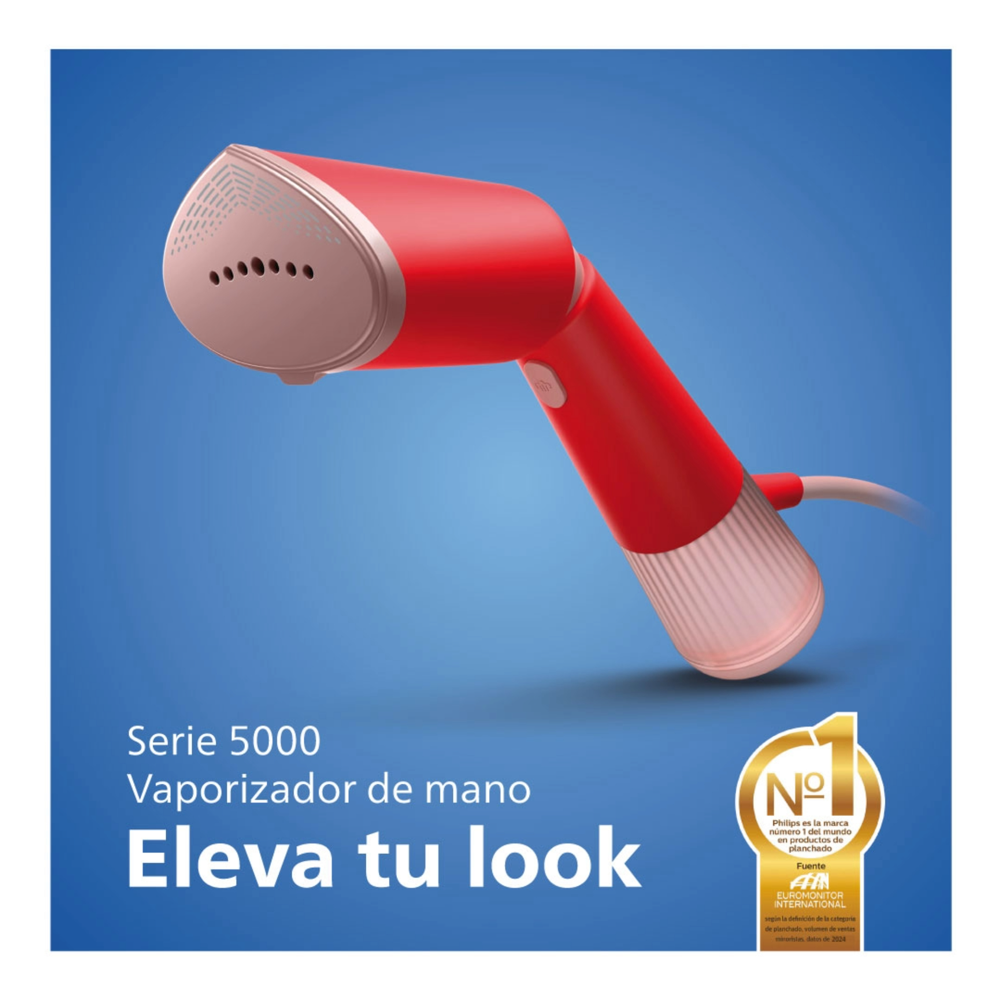 Vaporizador de mano rojo y blanco sobre fondo azul con texto promocional.