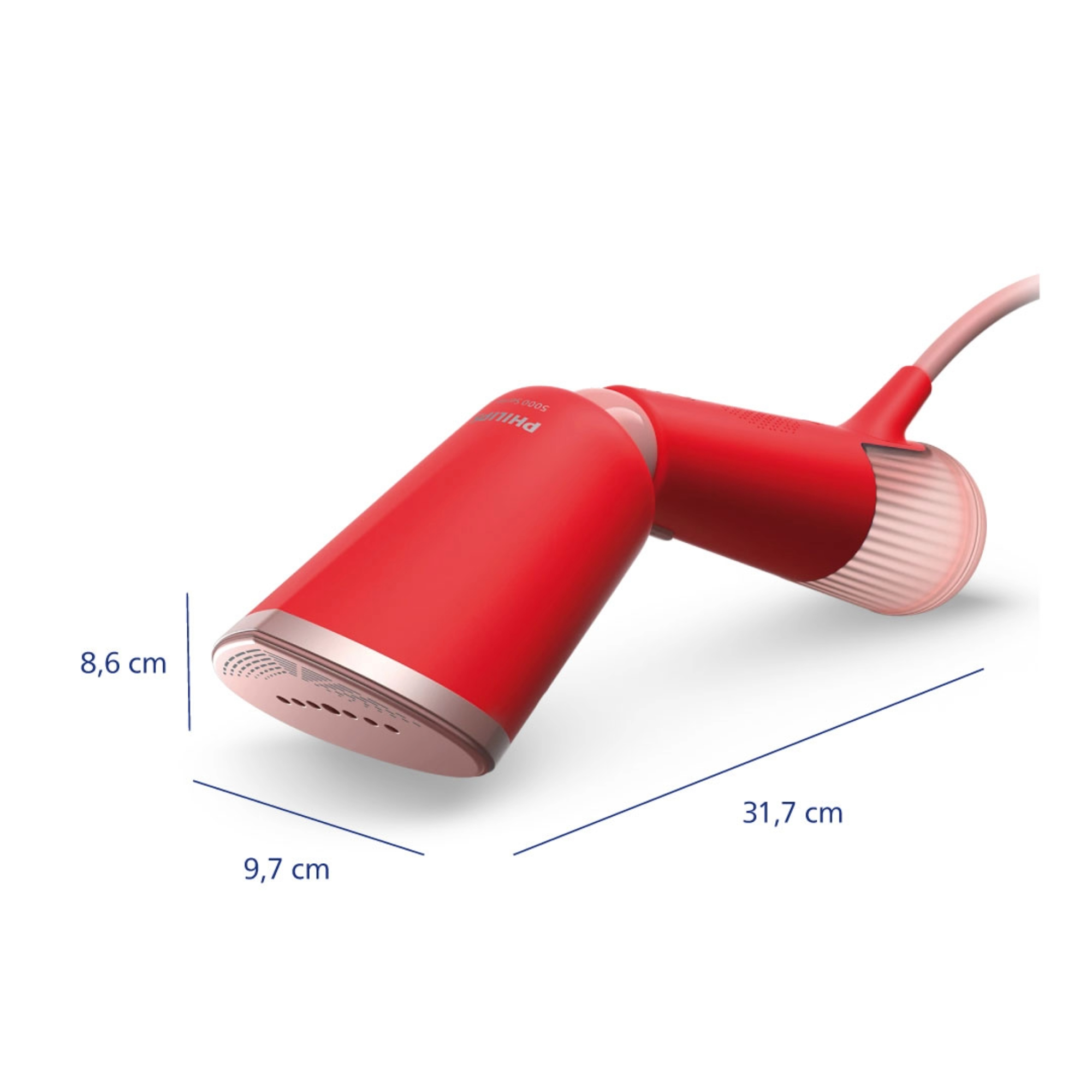 Vaporizador de ropa rojo y rosa con medidas sobre fondo blanco.