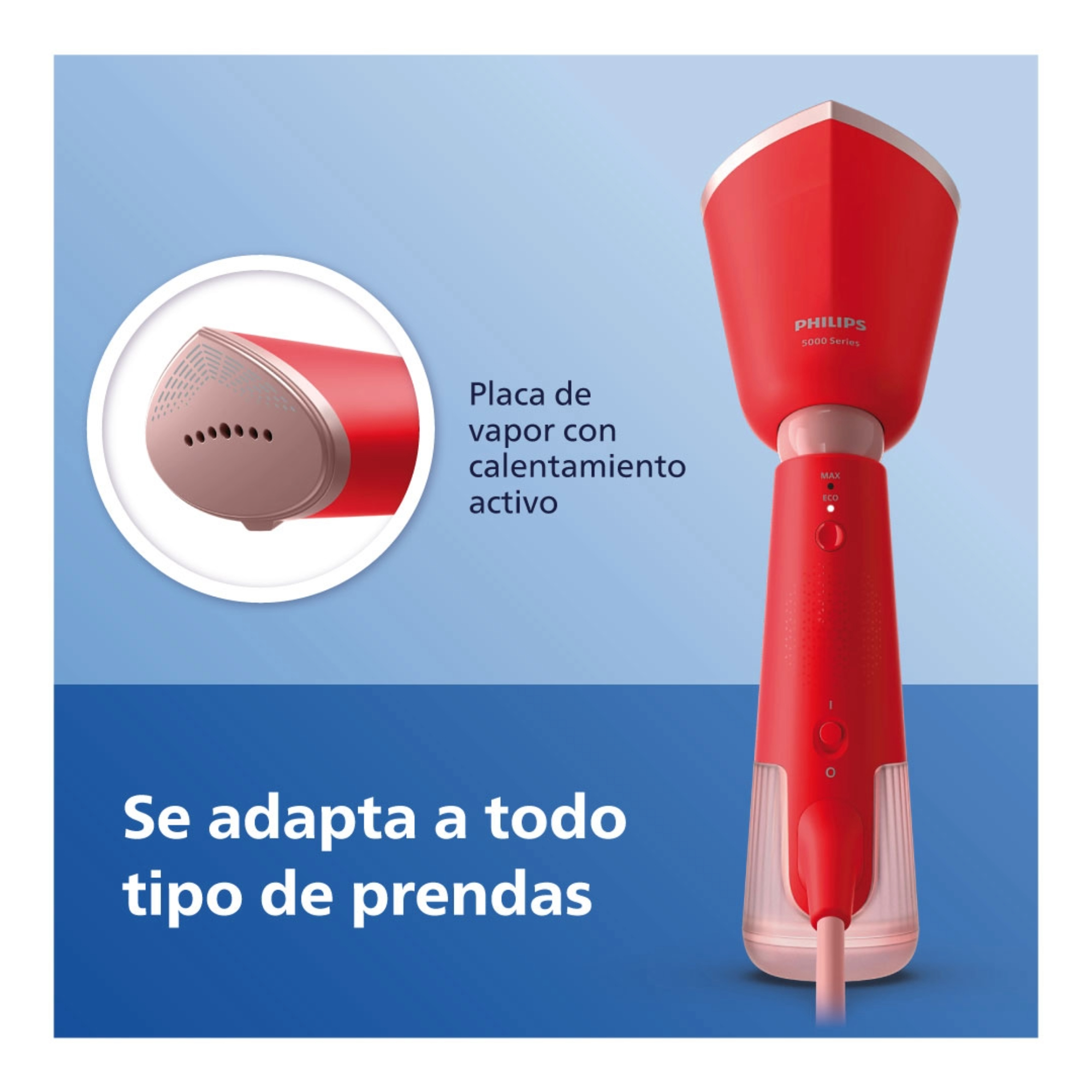 Vaporizador Philips rojo con texto que describe características y beneficios.