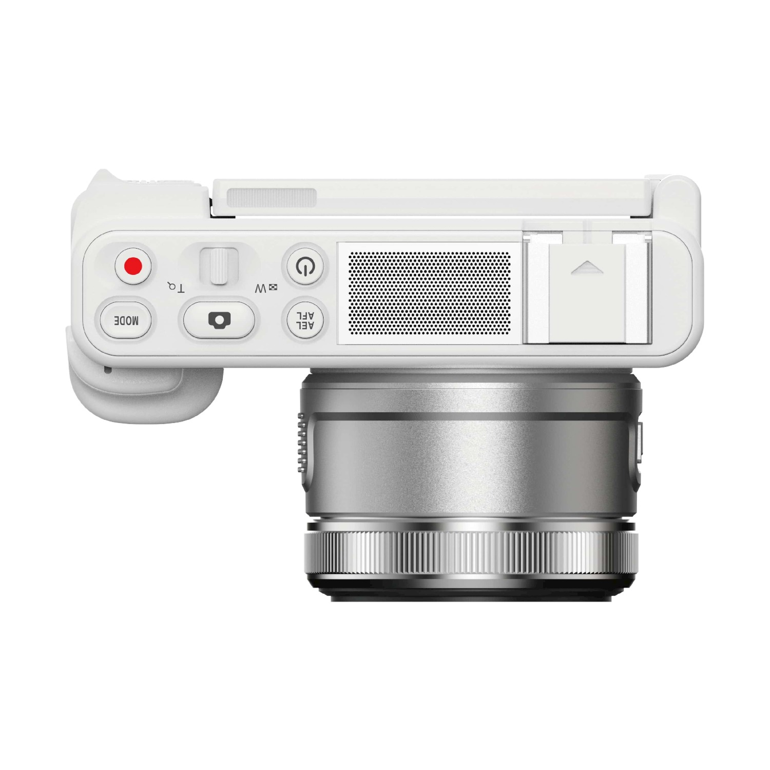 Una fotocamera bianca con obiettivo argentato, vista dall'alto. Include controlli e un flash pop-up.