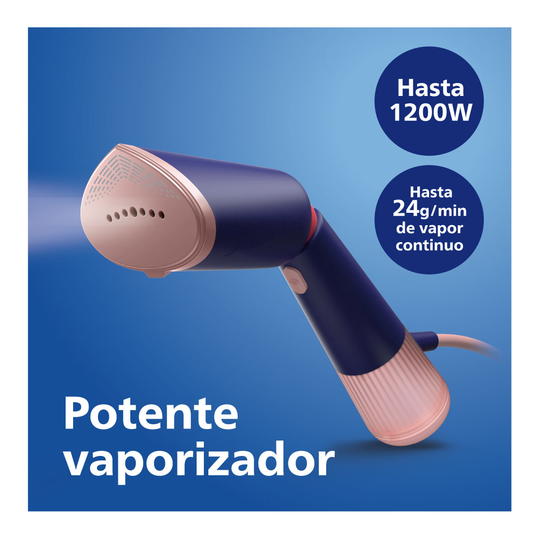 Plancha de vapor Philips azul y oro rosa con texto sobre potencia y vapor.