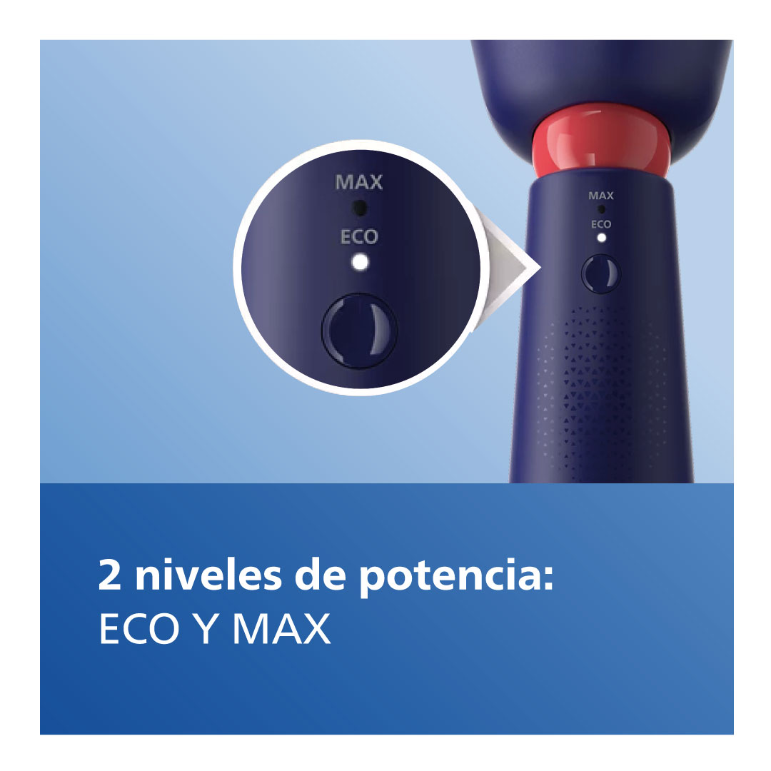 Primer plano de un cepillo de dientes azul y rojo con ajustes de potencia 'ECO' y 'MAX'.