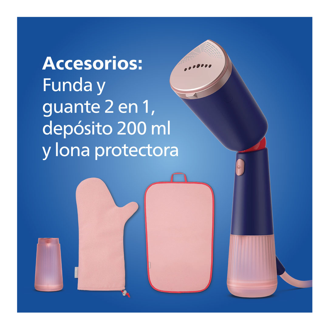 La imagen muestra una plancha de vapor y accesorios. La plancha es azul marino y rosa. Los accesorios son rosas.