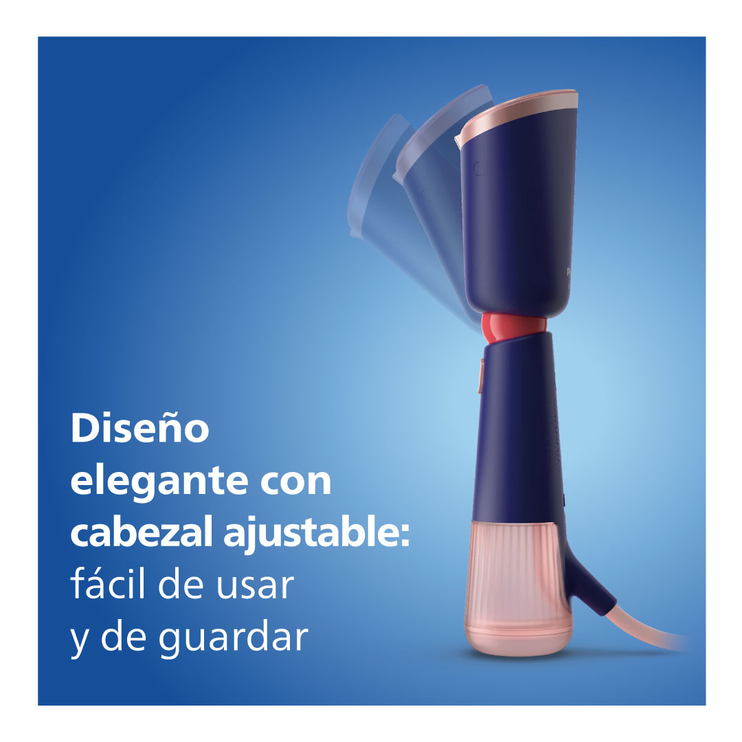 Un vaporizador de prendas portátil azul con detalles en oro rosa, con texto en español.
