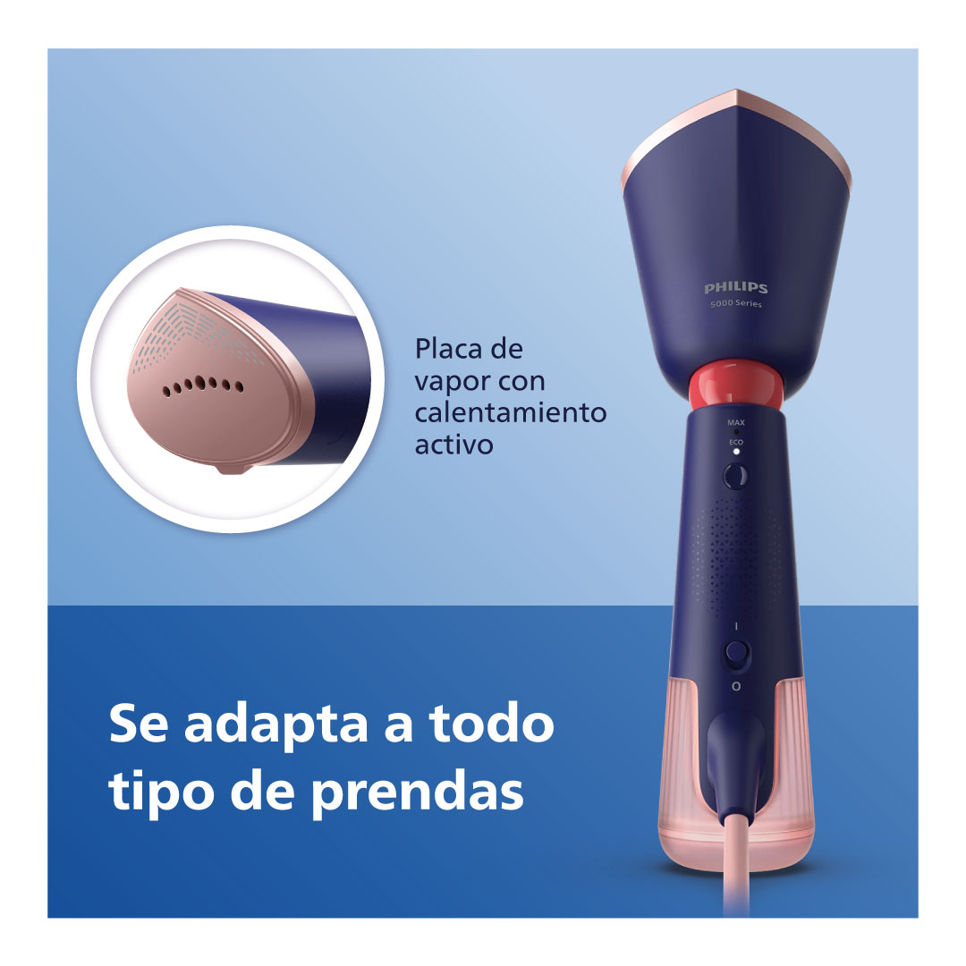 Un vaporizador Philips azul marino y oro rosa, texto blanco sobre fondo azul.