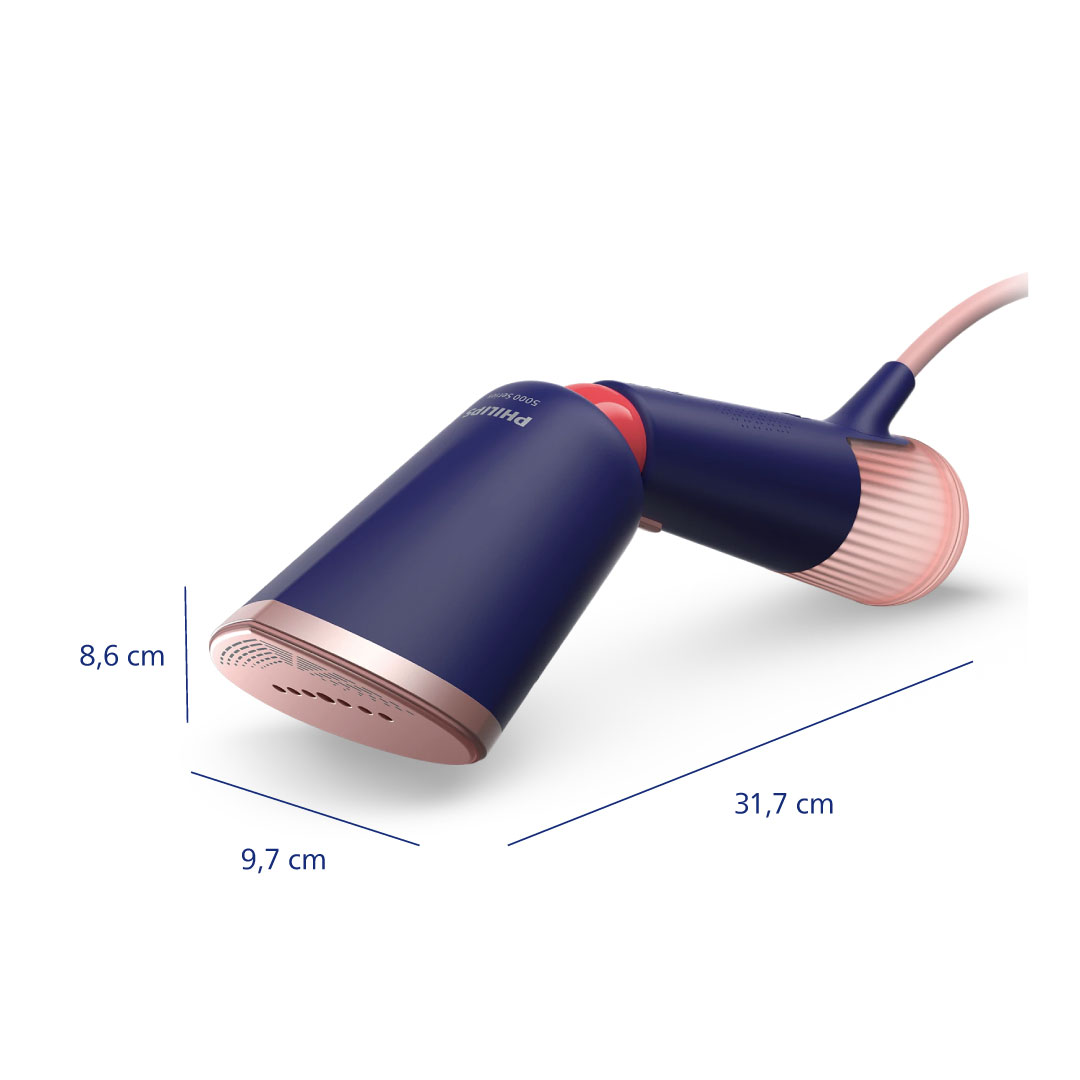 Un vaporizador de mano azul y rosa con dimensiones indicadas sobre un fondo blanco.