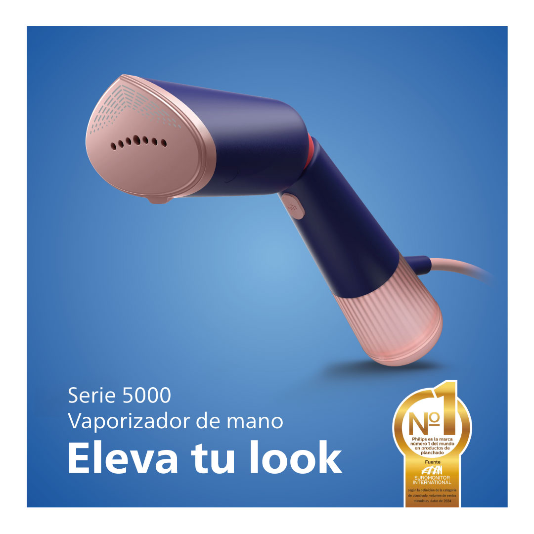 Vaporizador de ropa portátil, azul marino y oro rosa, sobre fondo azul con texto.