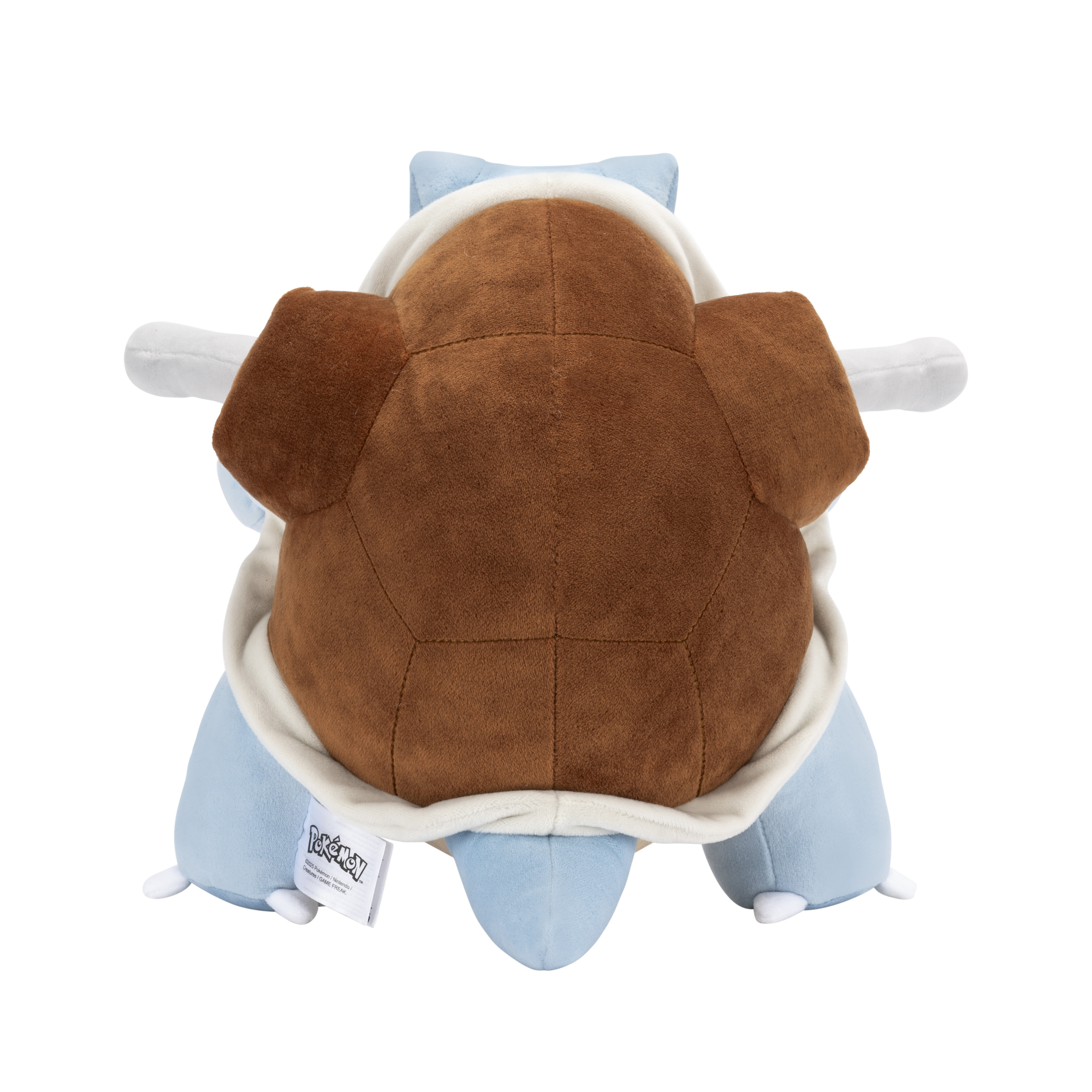 Rückansicht eines großen Blastoise-Plüschtiers. Brauner Panzer, blauer Körper, weiße Akzente und ein Pokémon-Etikett.