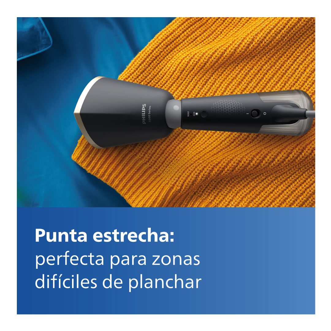 Plancha de vapor Philips negra con texto: Punta estrecha, perfecta para zonas difíciles de planchar.