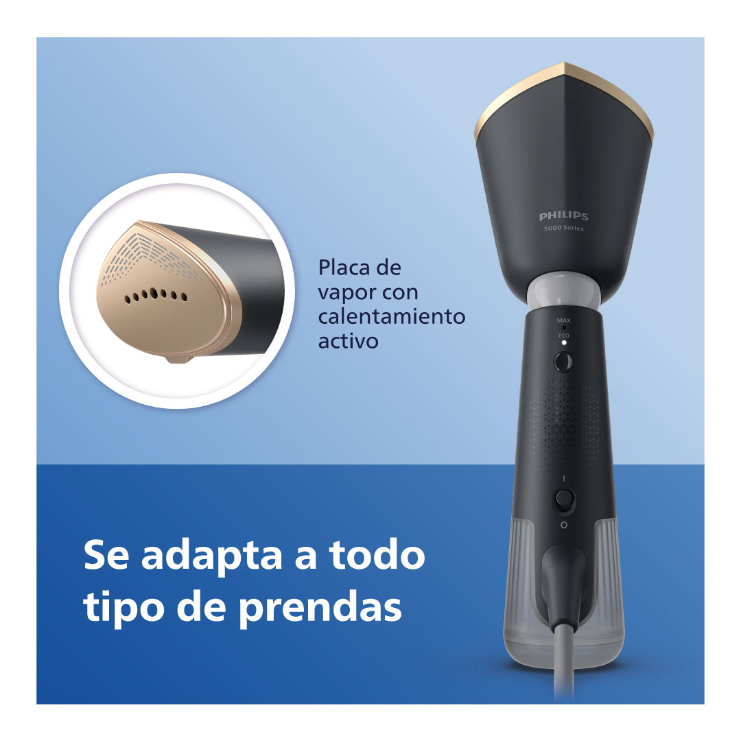 Plancha de ropa portátil, negro y dorado, con primer plano del cabezal de vapor. Texto: se adapta a todas las prendas.