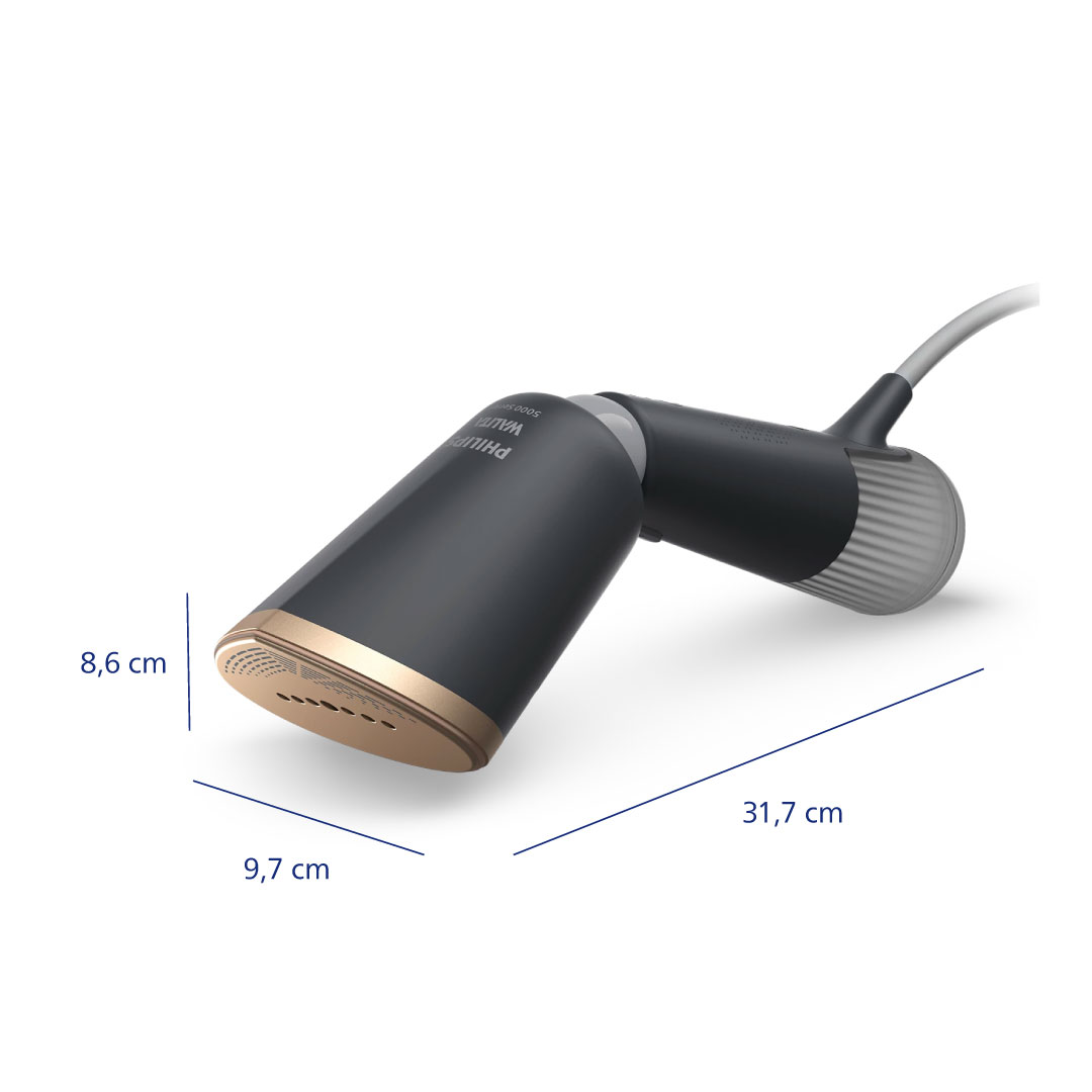 Plancha de ropa portátil con dimensiones enumeradas. Diseño negro y dorado.