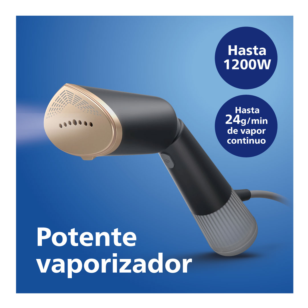 Plancha de ropa portátil en negro y dorado con el texto 'Potente vaporizador' y especificaciones.