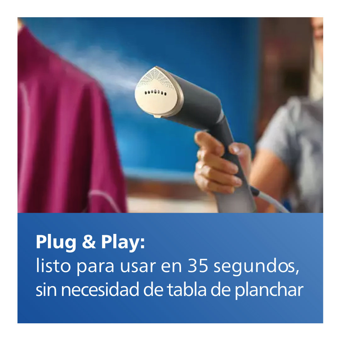 Vaporizador de mano, vapor sobre camisa morada, fondo azul con texto.